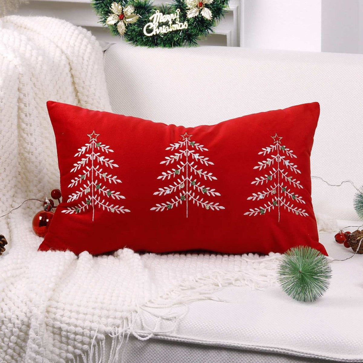 Christmas Tree Embroidered Cushion Cover – Festive Velvet Decorative Pillow