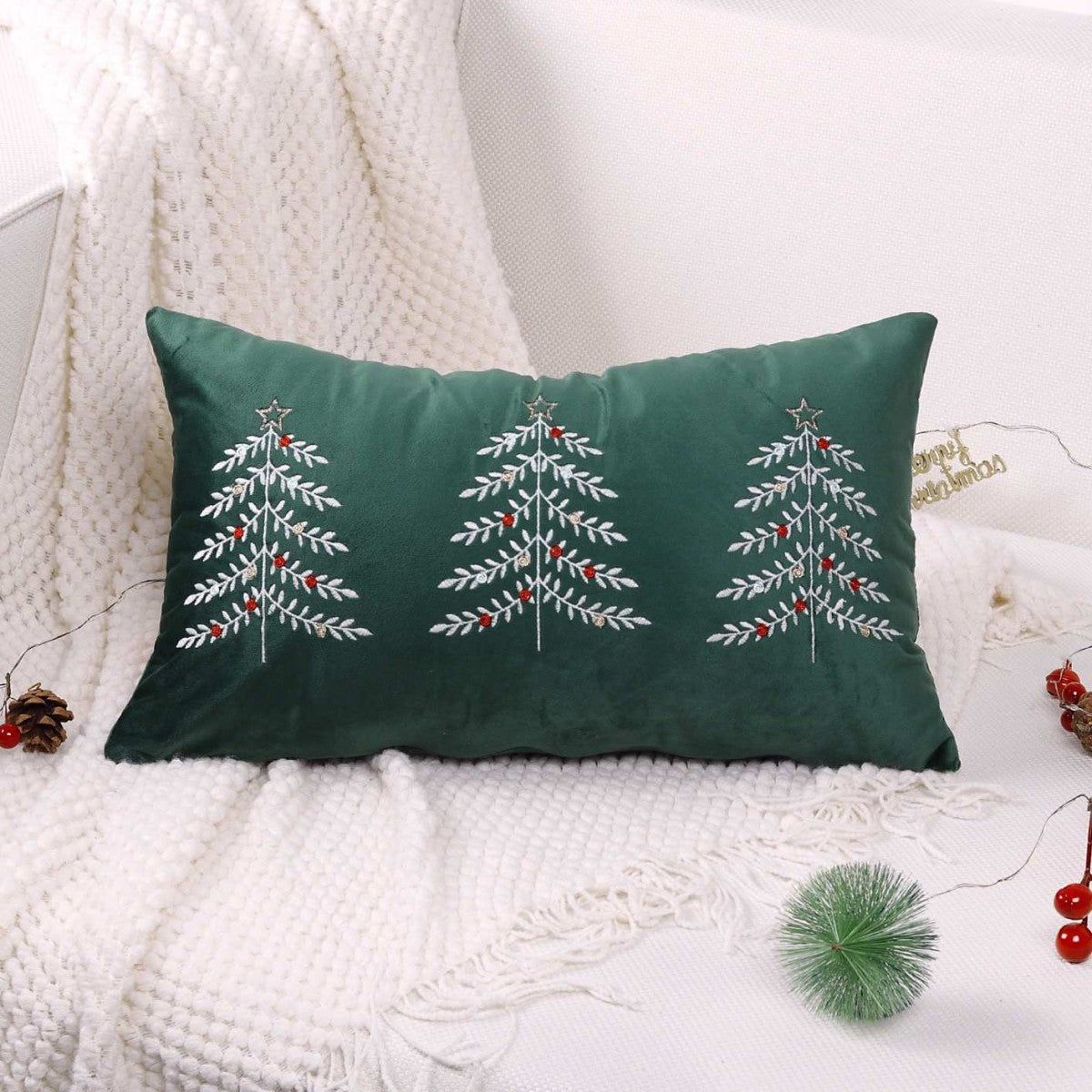 Christmas Tree Embroidered Cushion Cover – Festive Velvet Decorative Pillow
