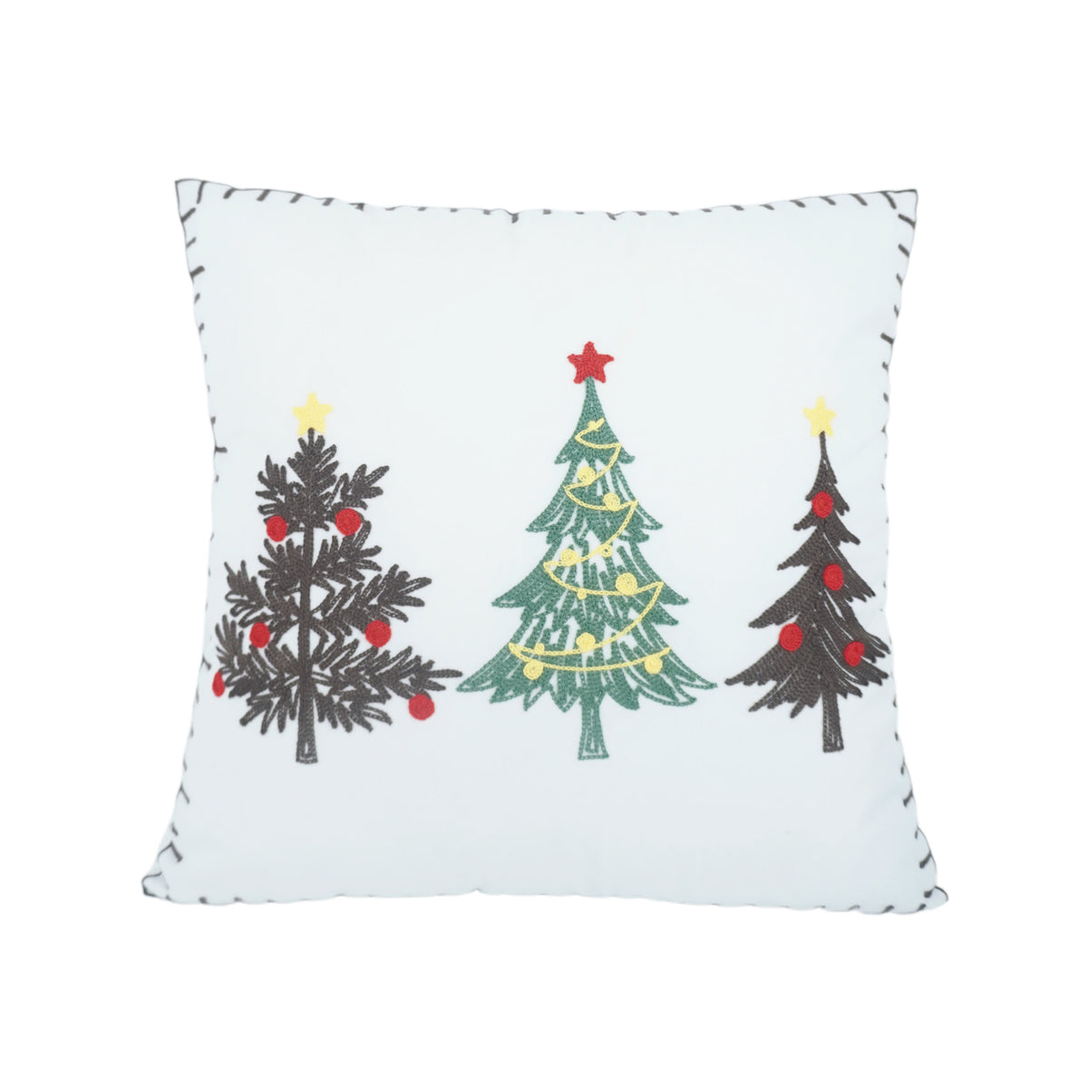 White embroidered Christmas tree cushion cover with festive tree design and blanket stitch edge detail