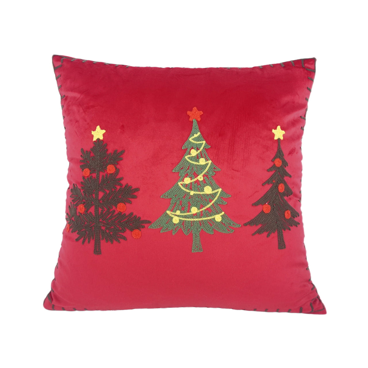 Red embroidered Christmas tree cushion cover with festive tree design and blanket stitch edge detail