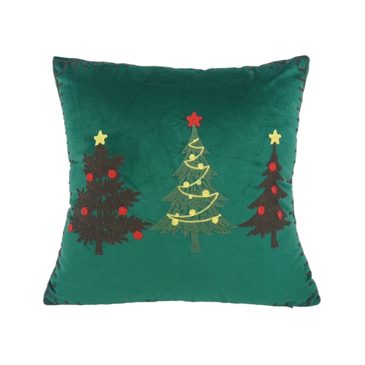 Green embroidered Christmas tree cushion cover with festive tree design and blanket stitch edge detail