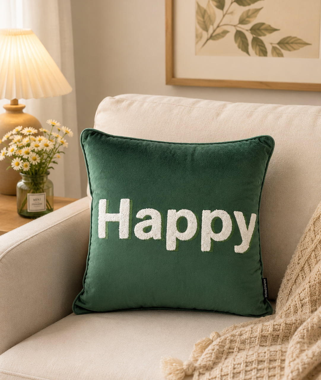 Home & Haven Happy Text Embroidered Velvet Cushion Cover | Multicolor Throw Pillow