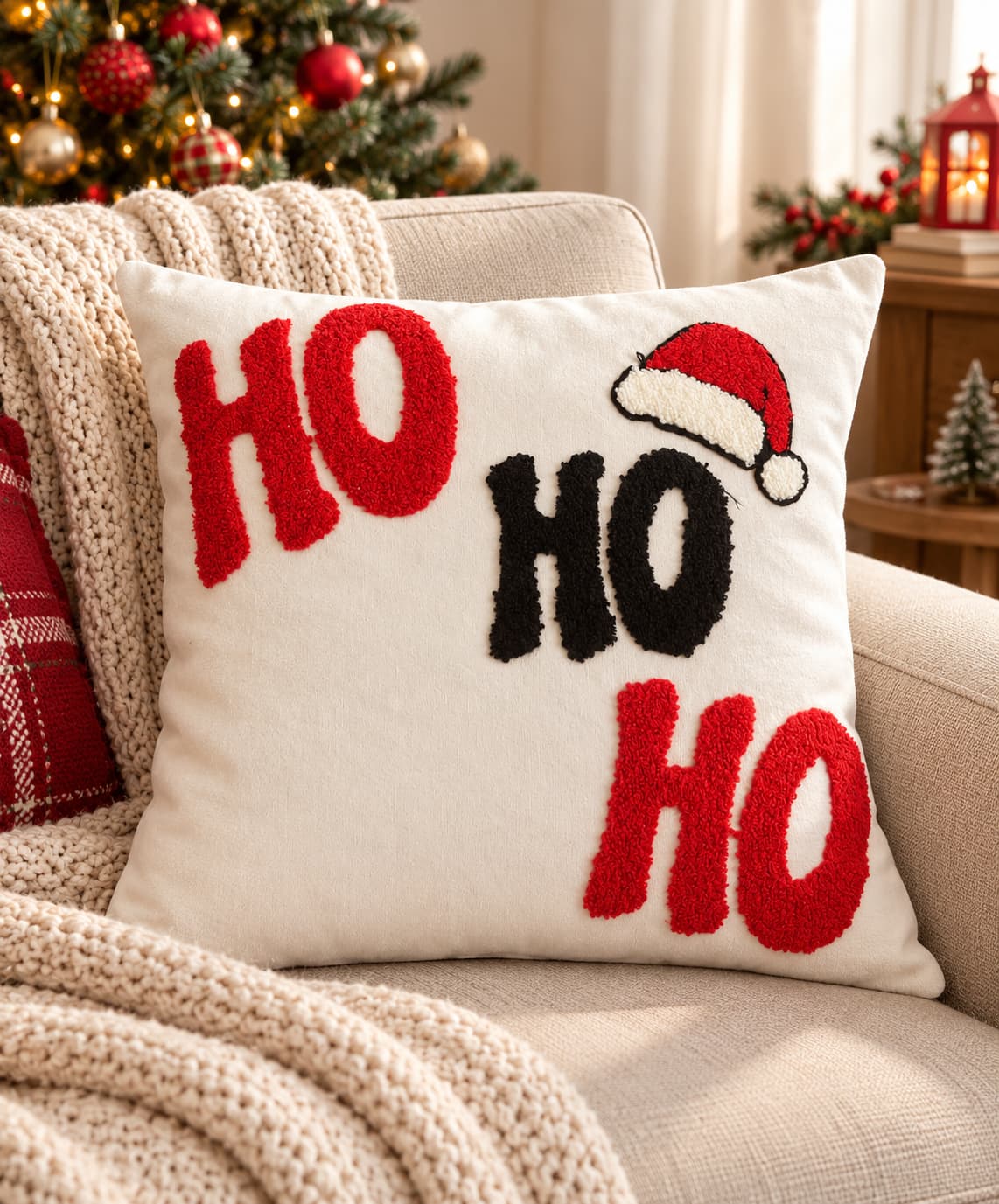 Cream Ho Ho Ho Christmas cushion cover with red black tufted embroidery and Santa hat