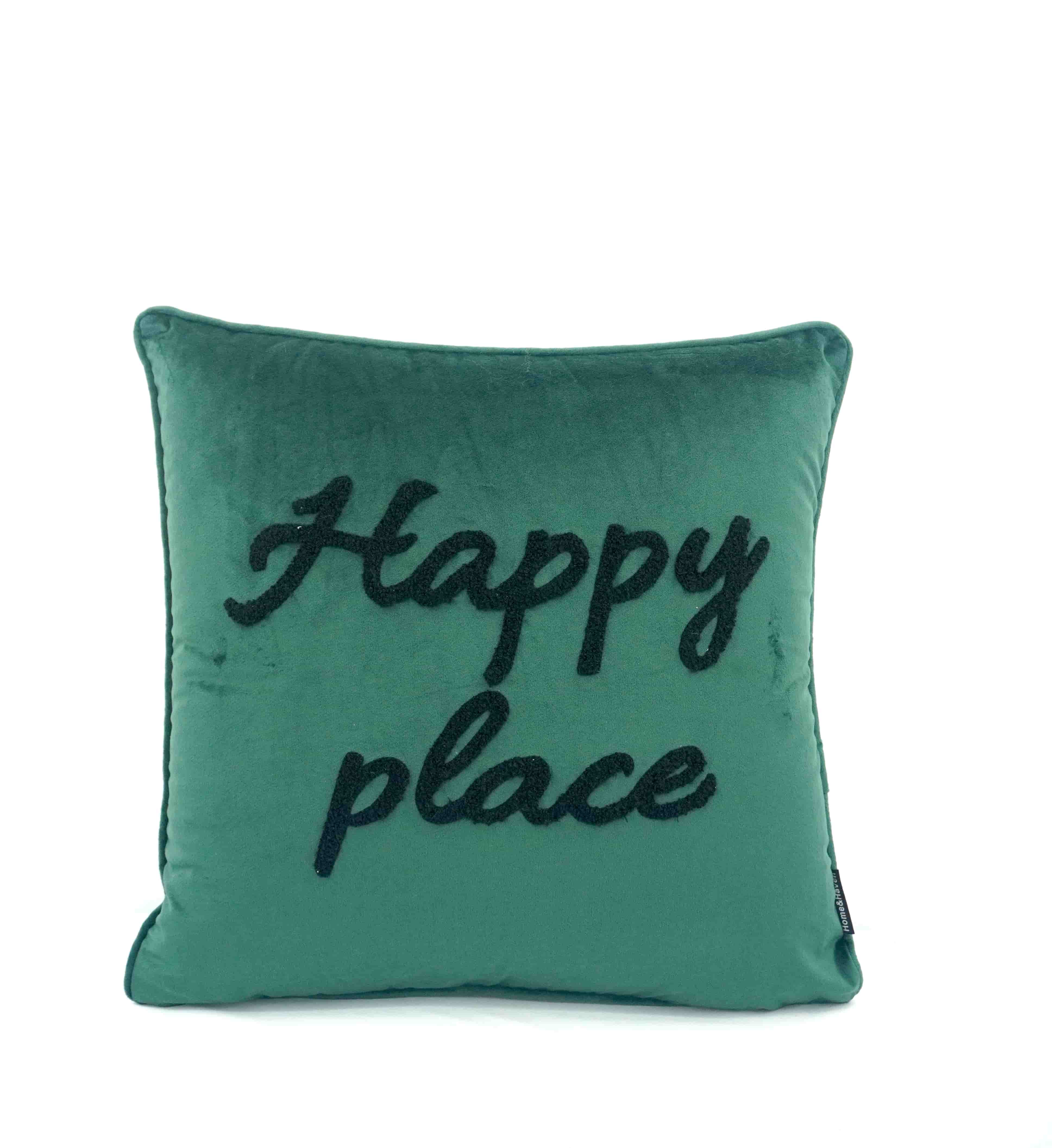 A square teal green velvet throw pillow featuring the words 'Happy place' embroidered in black script across the front, set against a plain white background.