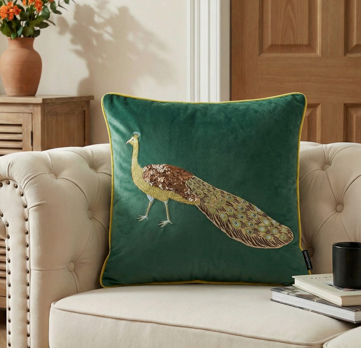 Dark Green Peacock embroidered velvet cushion cover on a sofa