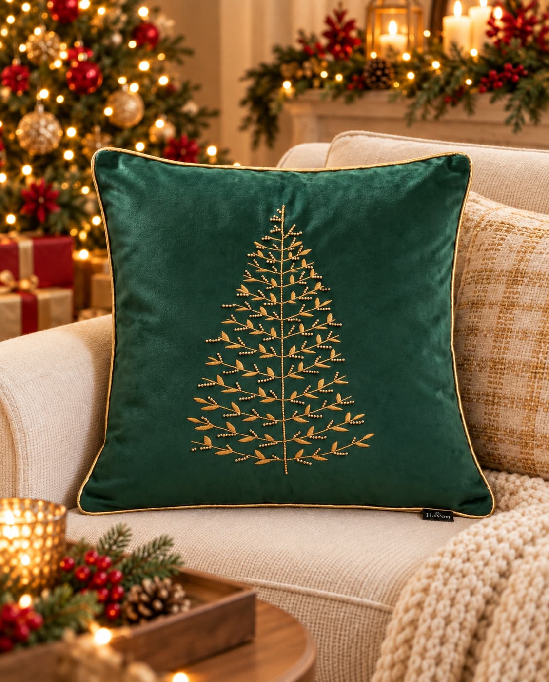Dark green velvet Christmas cushion cover with gold embroidered tree and gold piping