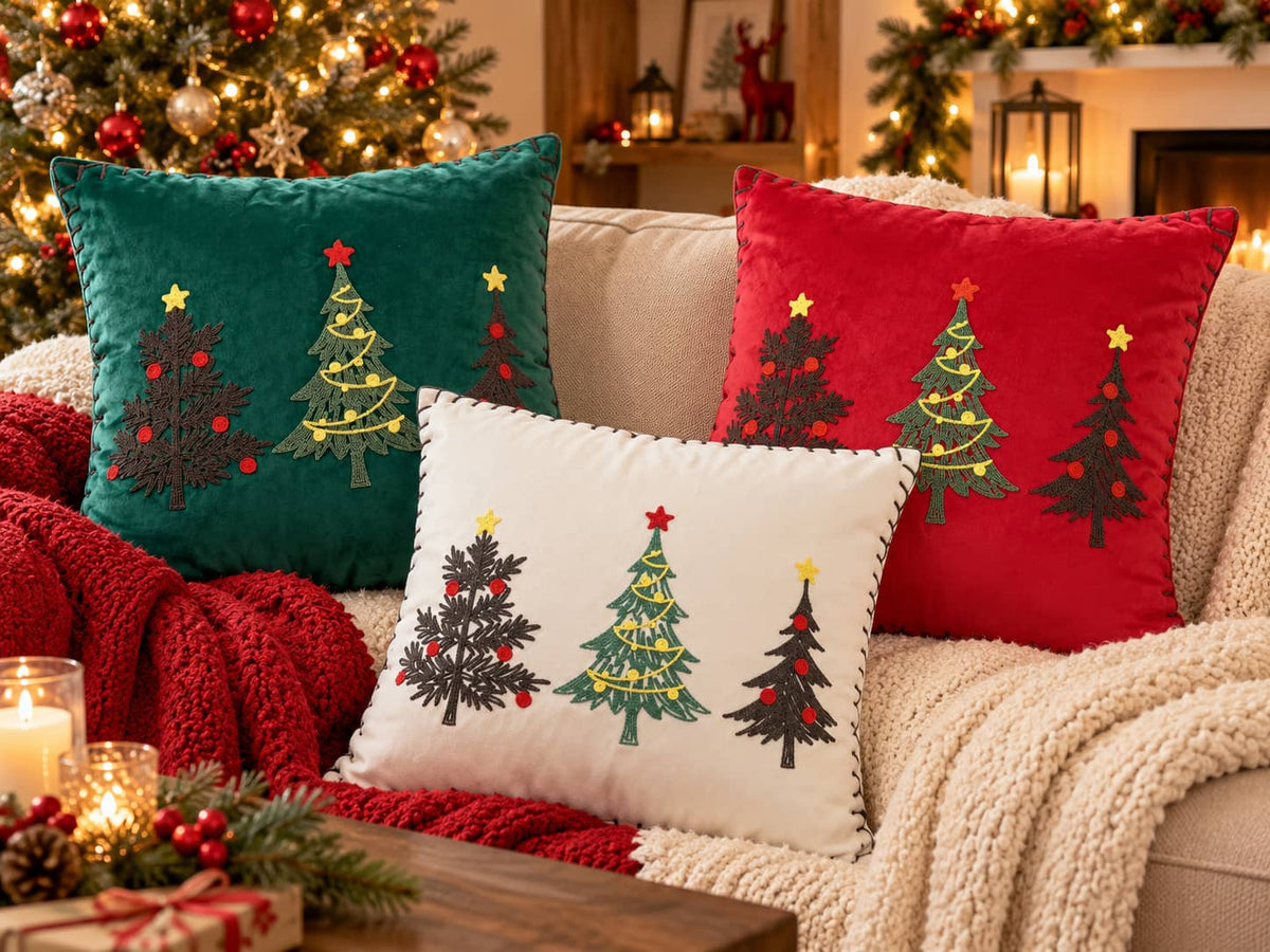 Three Christmas-themed throw pillows displayed on a cozy beige sofa in a warmly lit living room. The pillows feature embroidered tree designs in green, red, and black on teal, red, and white backgrounds, with a red knit throw blanket and holiday decorations in the background.