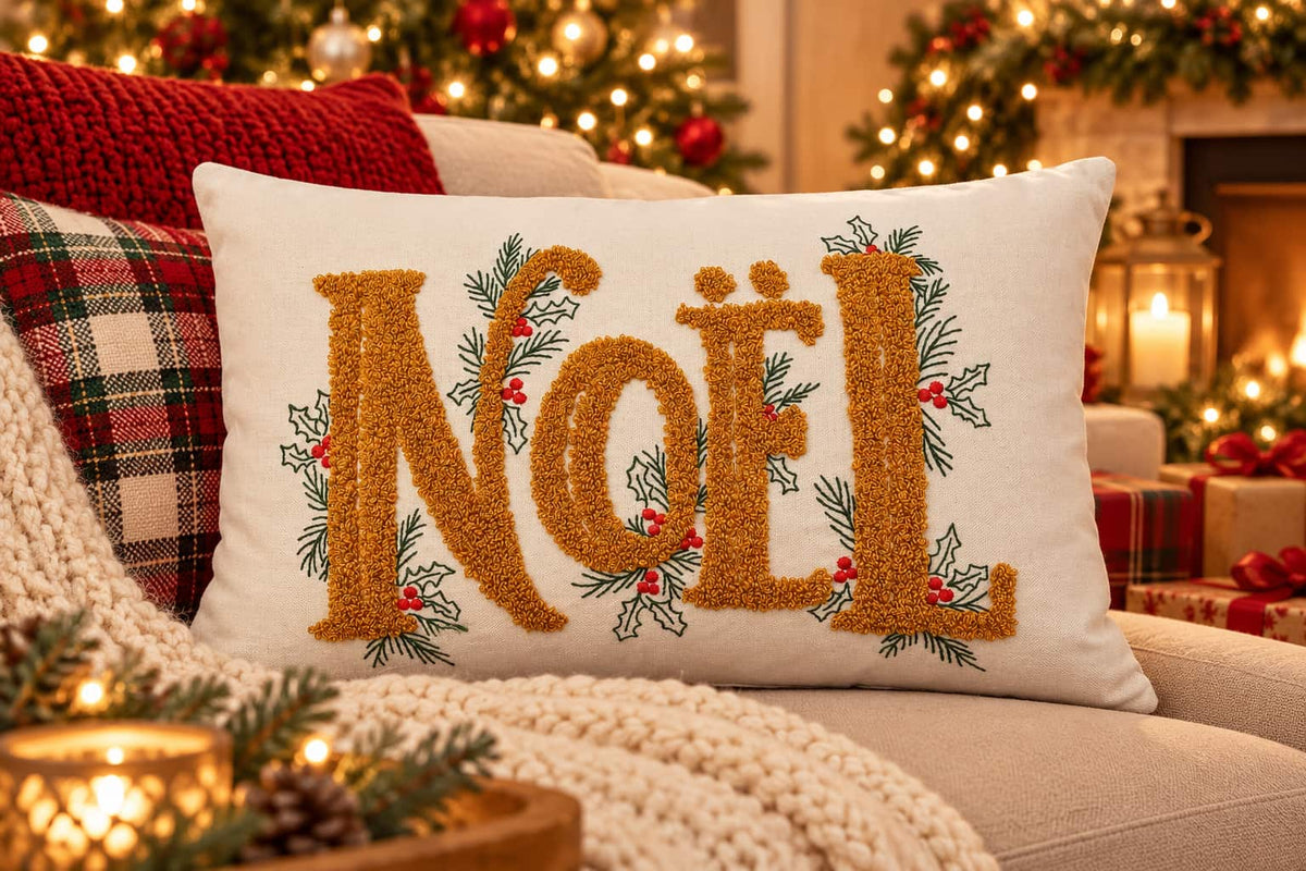 A square white throw pillow with 'Noël' embroidered in textured gold letters, surrounded by green holly leaves and red berries, resting on a cozy beige sofa with holiday decorations in the background.