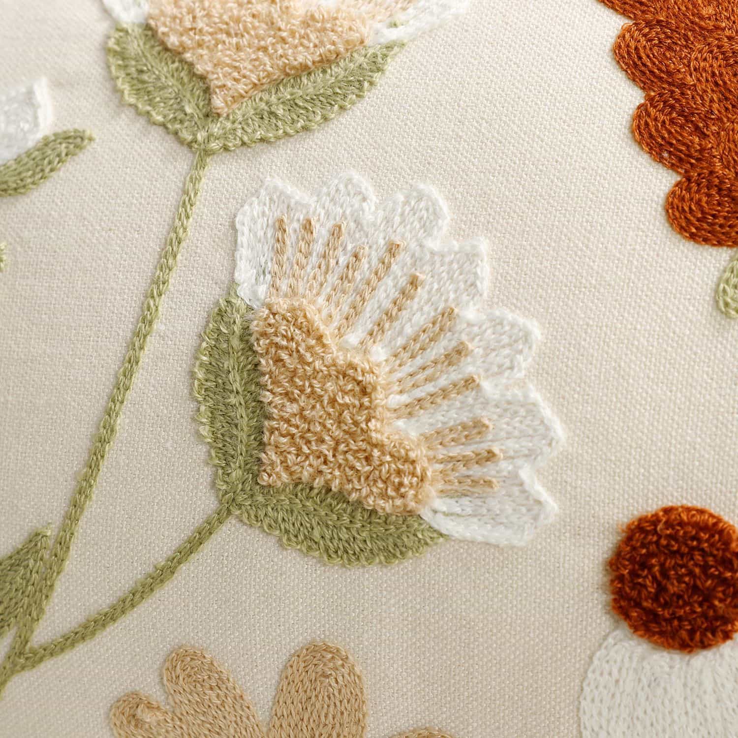 Close-up of embroidered floral pattern with green, brown, and beige colors on a beige background.