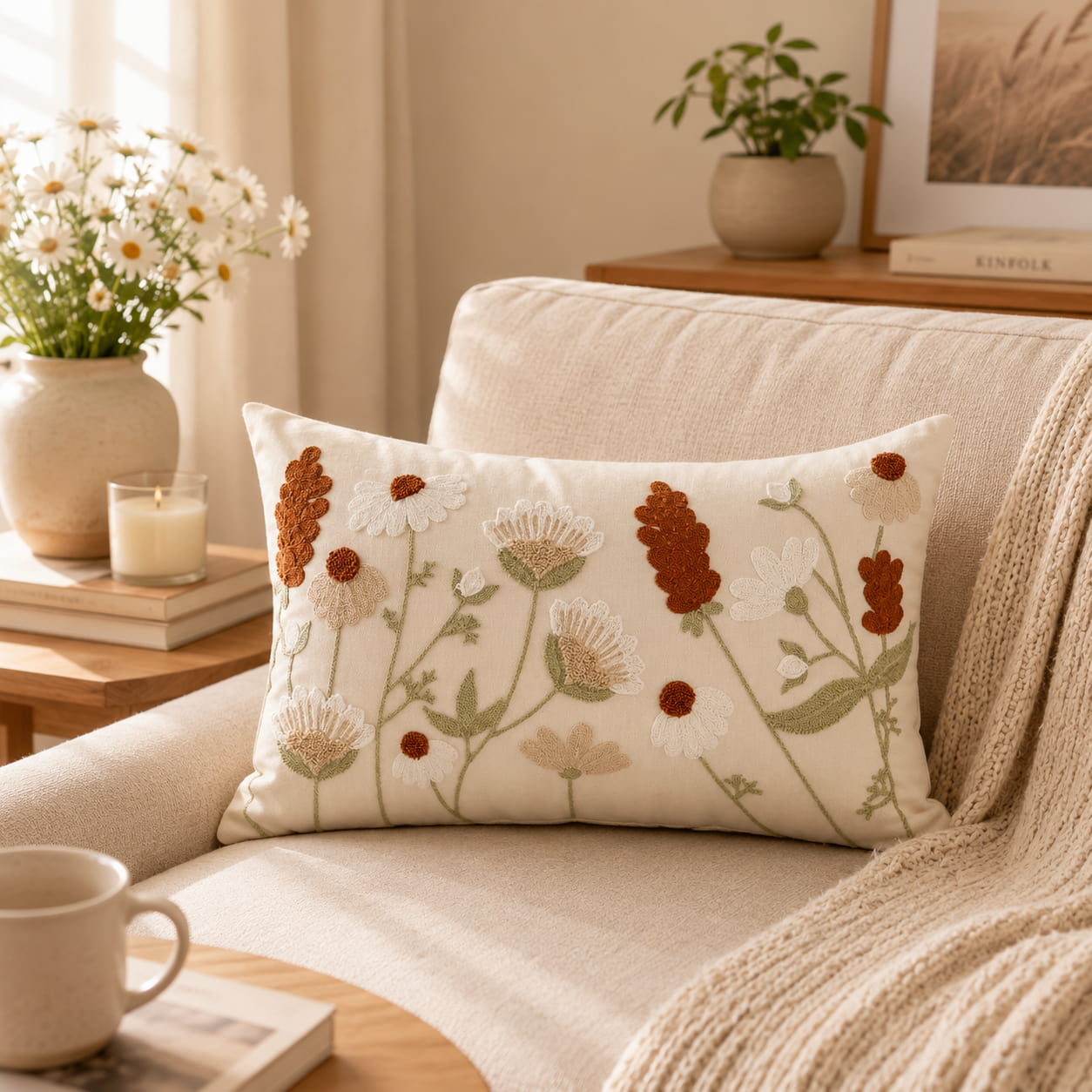 Embroidered wildflower cushion cover for cozy cottage home decor