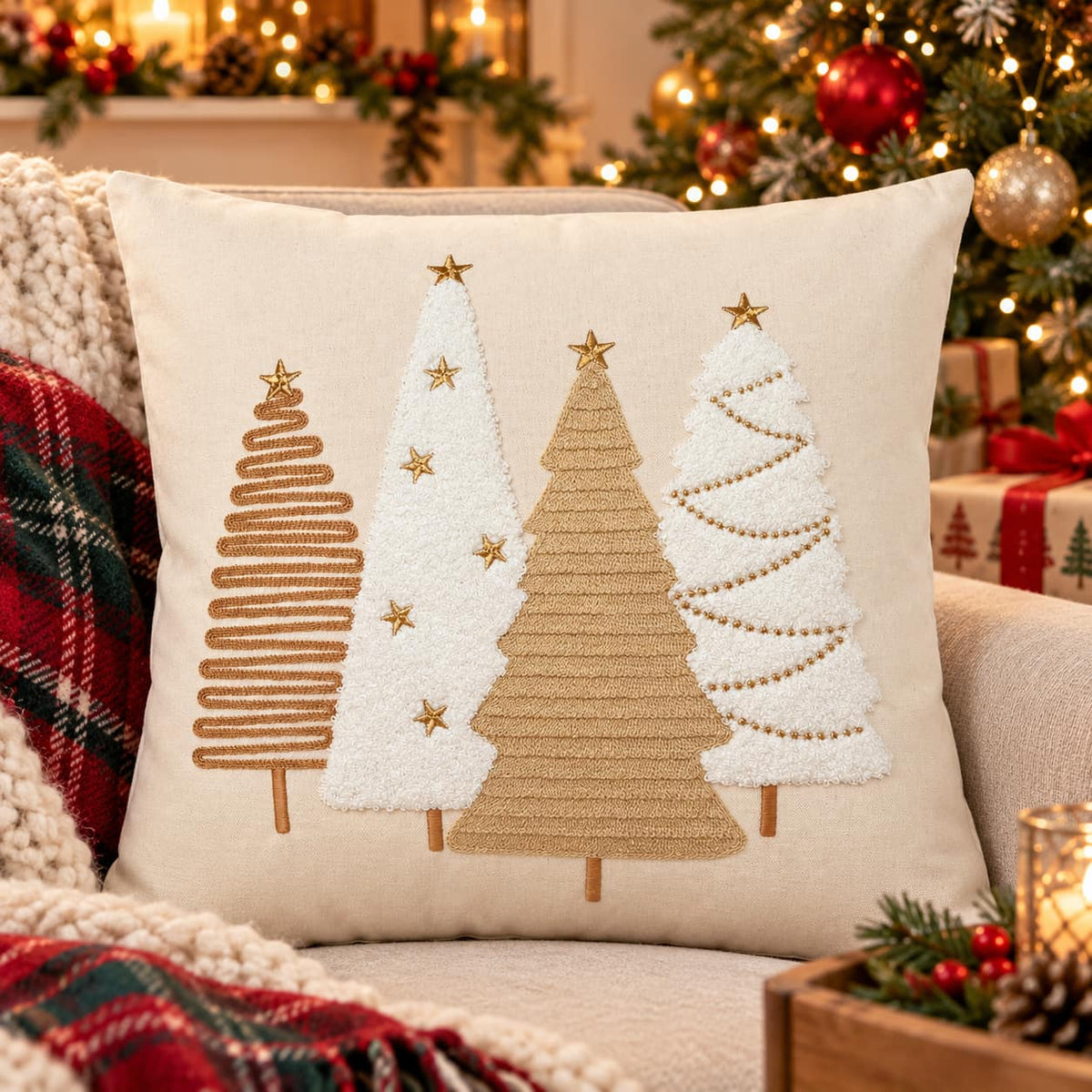 Cream and gold embroidered Christmas tree cushion cover with four textured festive trees in a cosy Christmas setting.