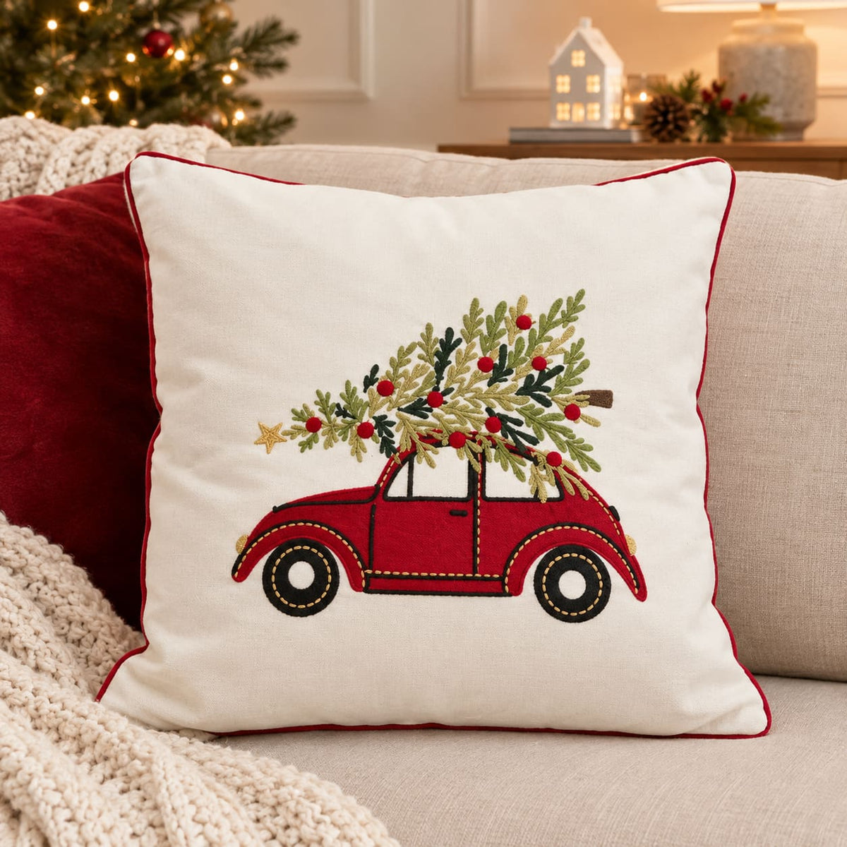 Christmas Embroidered Cushion Cover – Red Vintage Car & Tree