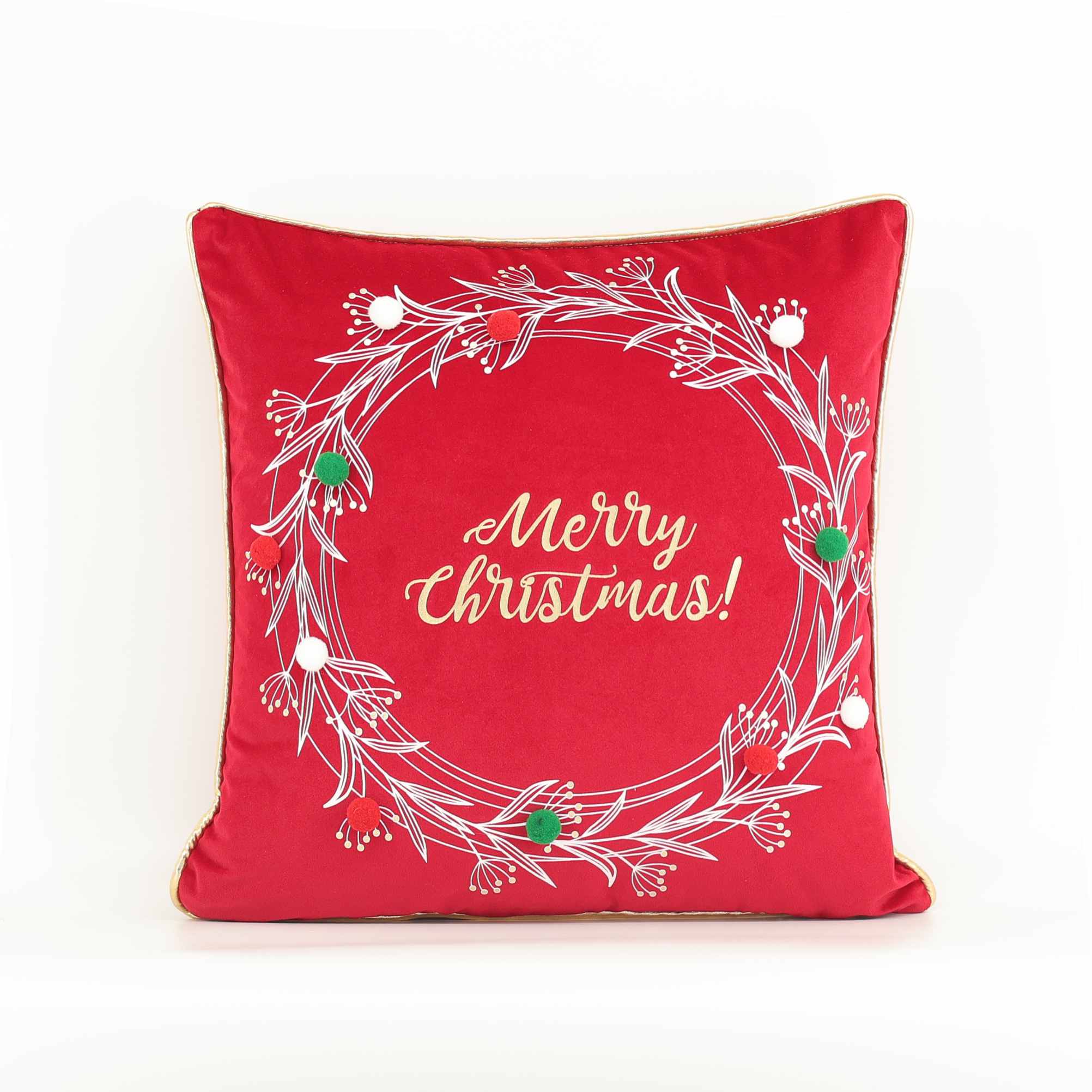 Christmas Wreath Foil-Printed Velvet Cushion  with pompons