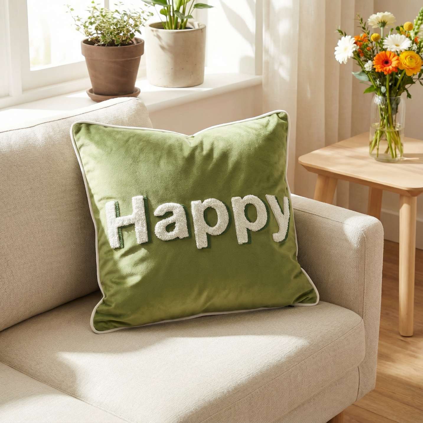 Home And Haven Velvet "happy" Embroidered Cushion Cover
