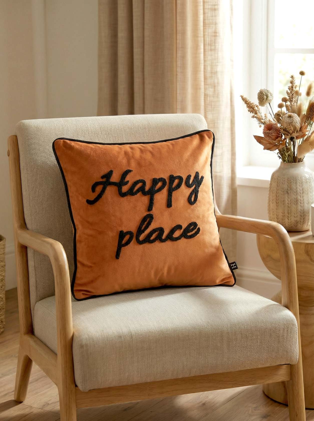 Home And Haven Velvet "happy place " Embroidered Cushion Cover