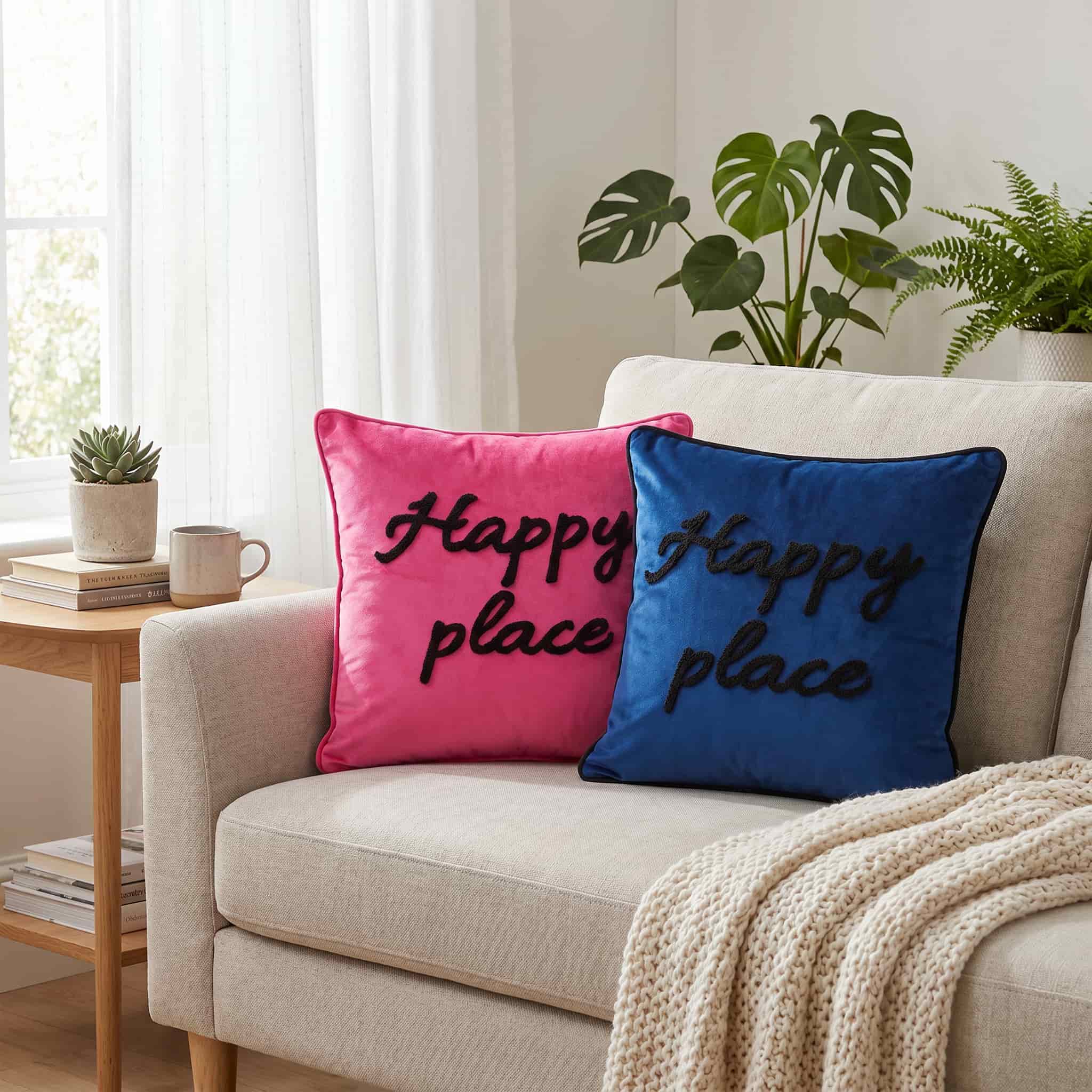 Two decorative throw pillows on a light beige sofa in a bright living room. One pillow is bright pink with black embroidered text reading 'Happy place' and the other is royal blue with matching black embroidered text.