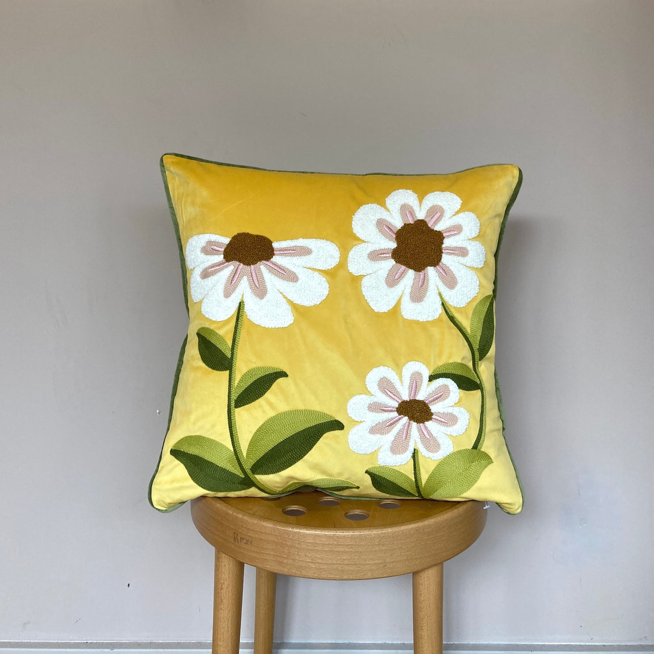 Daisy Floral Embroidered Cushion Cover – Yellow Velvet with Piped Edge