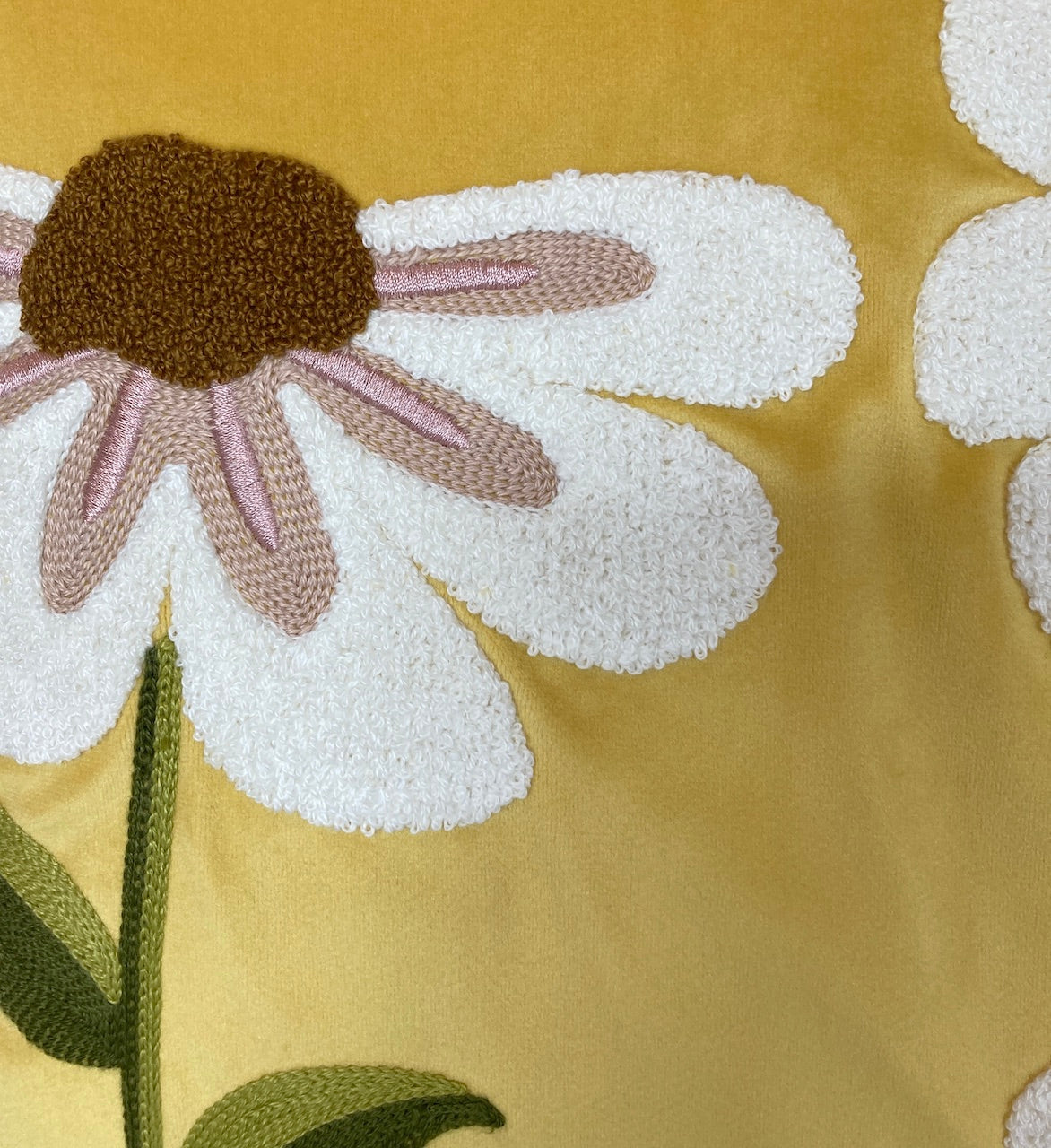 Daisy Floral Embroidered Cushion Cover – Yellow Velvet with Piped Edge