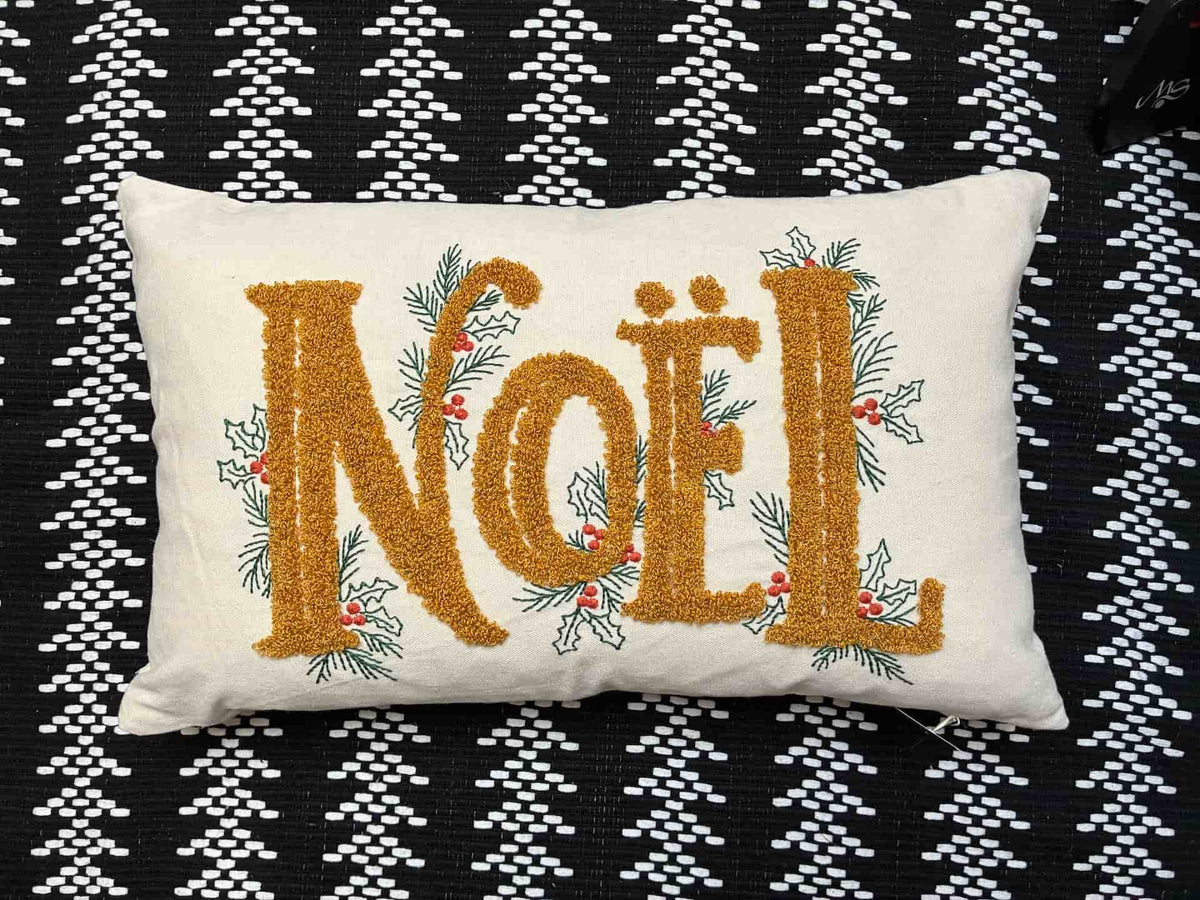 Noel Christmas Lumbar Pillow Cover | Tufted Holly Berry Embroidered Cushion Cover