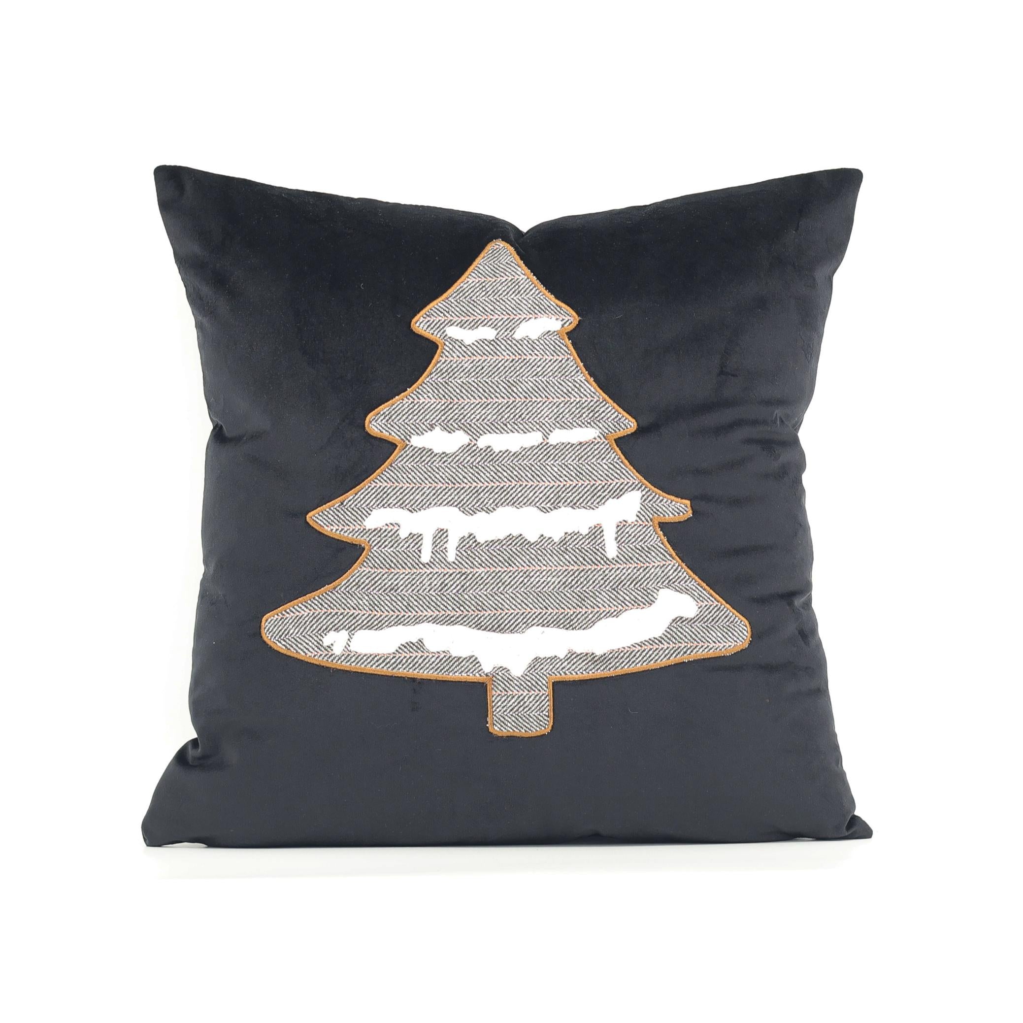 Christmas tree with snow embroidered cushion cover 45x45cm on black background