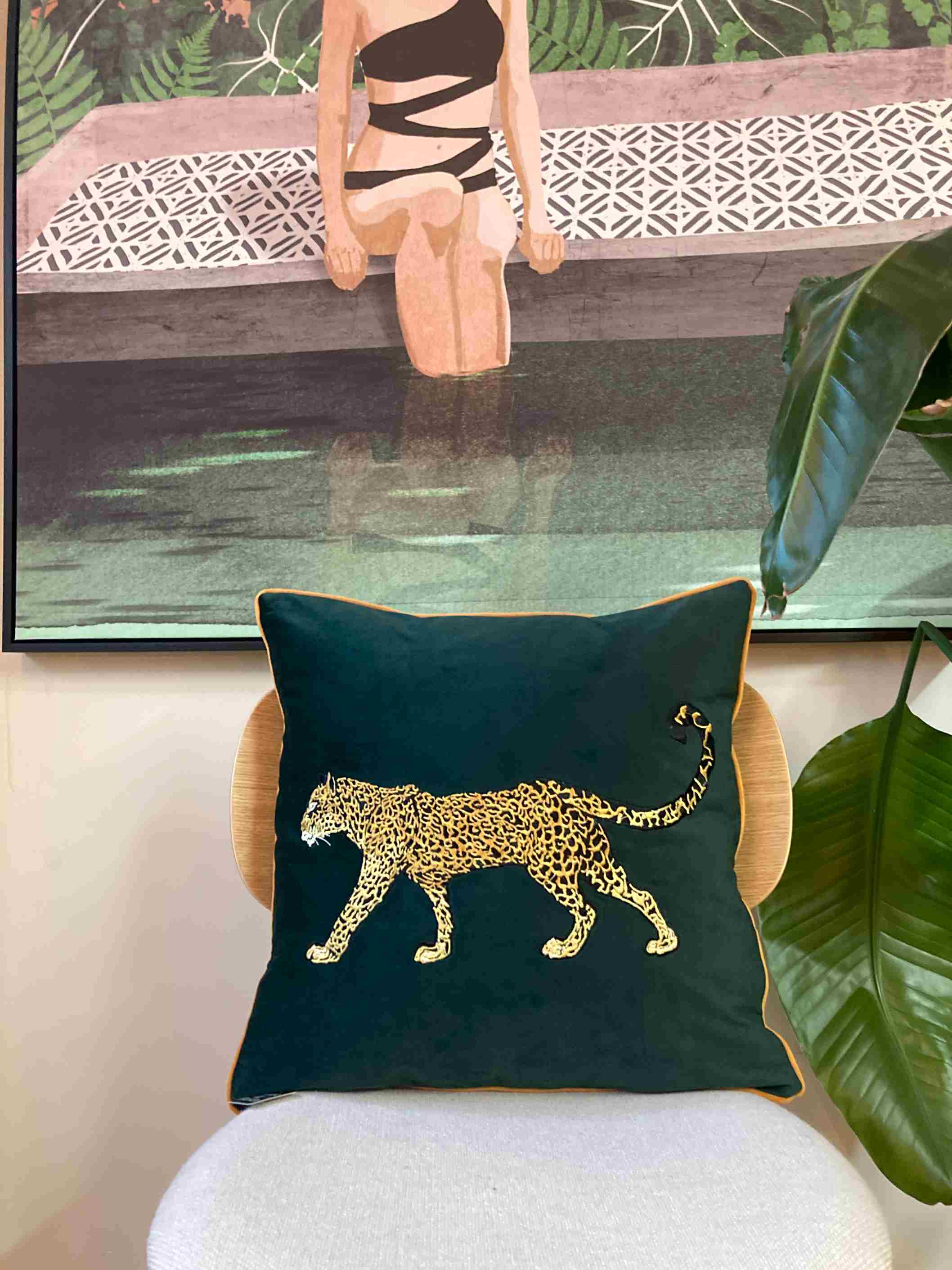 Emerald Velvet Leopard Cushion Cover with Gold Embroidery & Piping