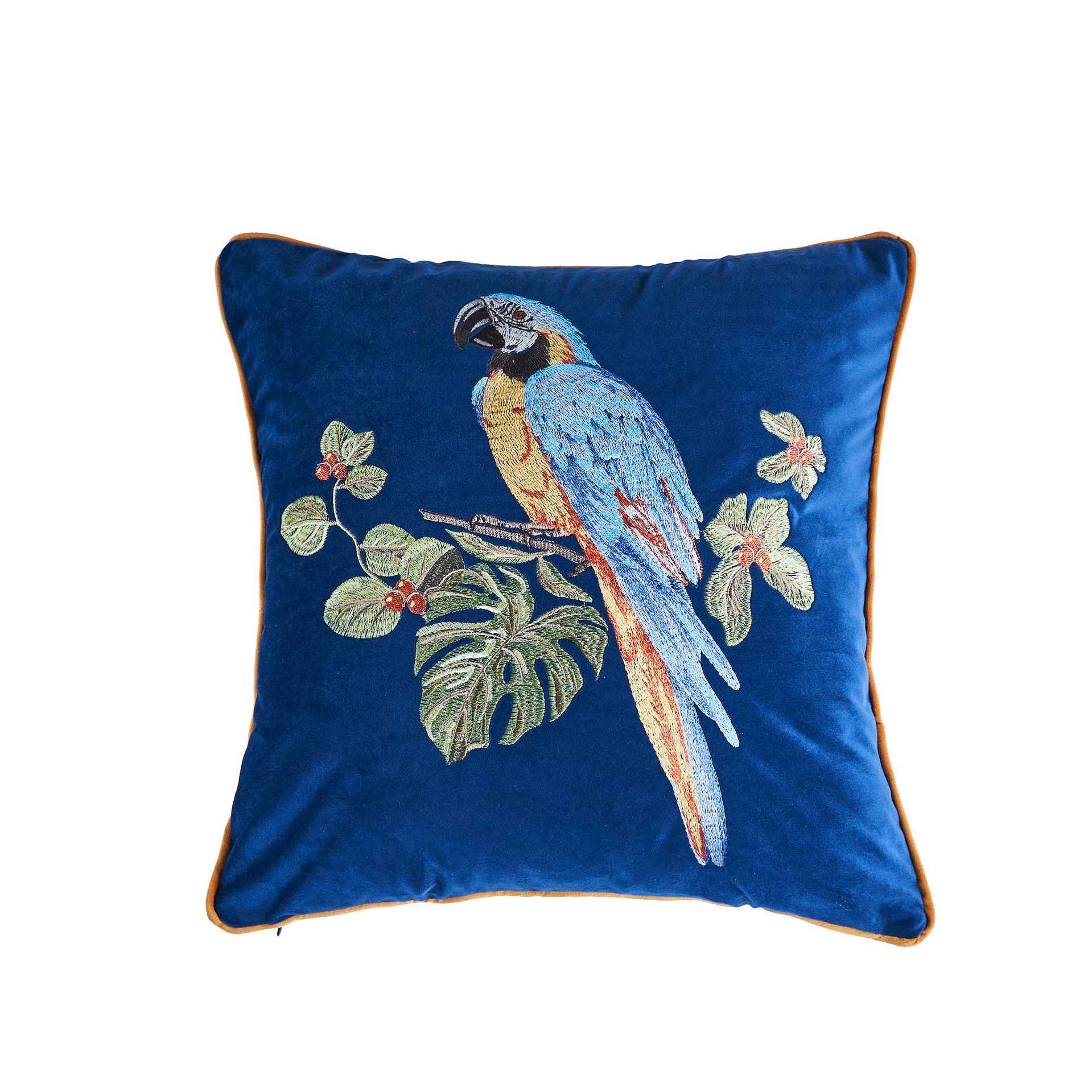 Parrot Embroidery Velvet Cushion Cover 45x45cm – Blue / Dark Green