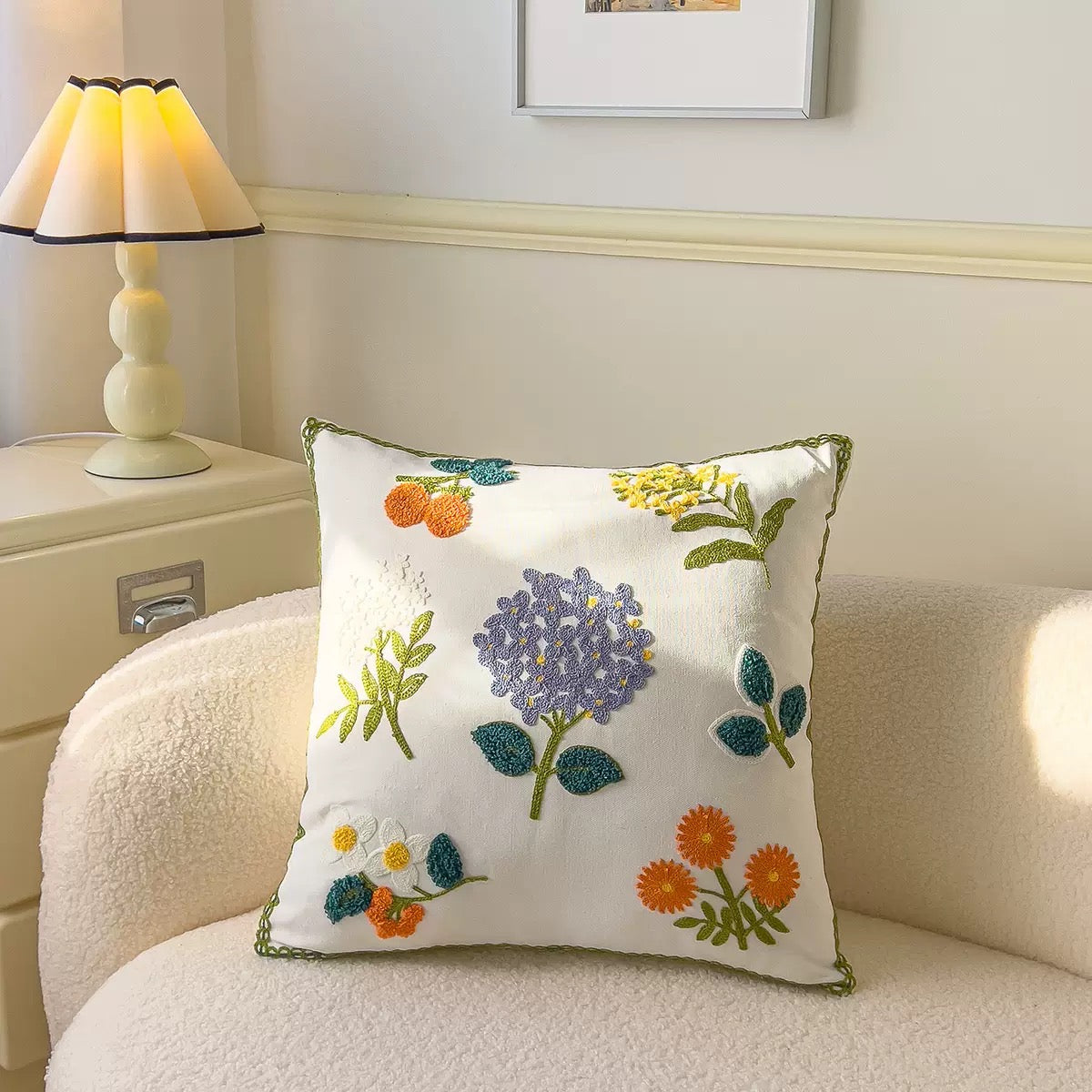 Colorful Floral Embroidered Cushion Cover – Cotton Canvas