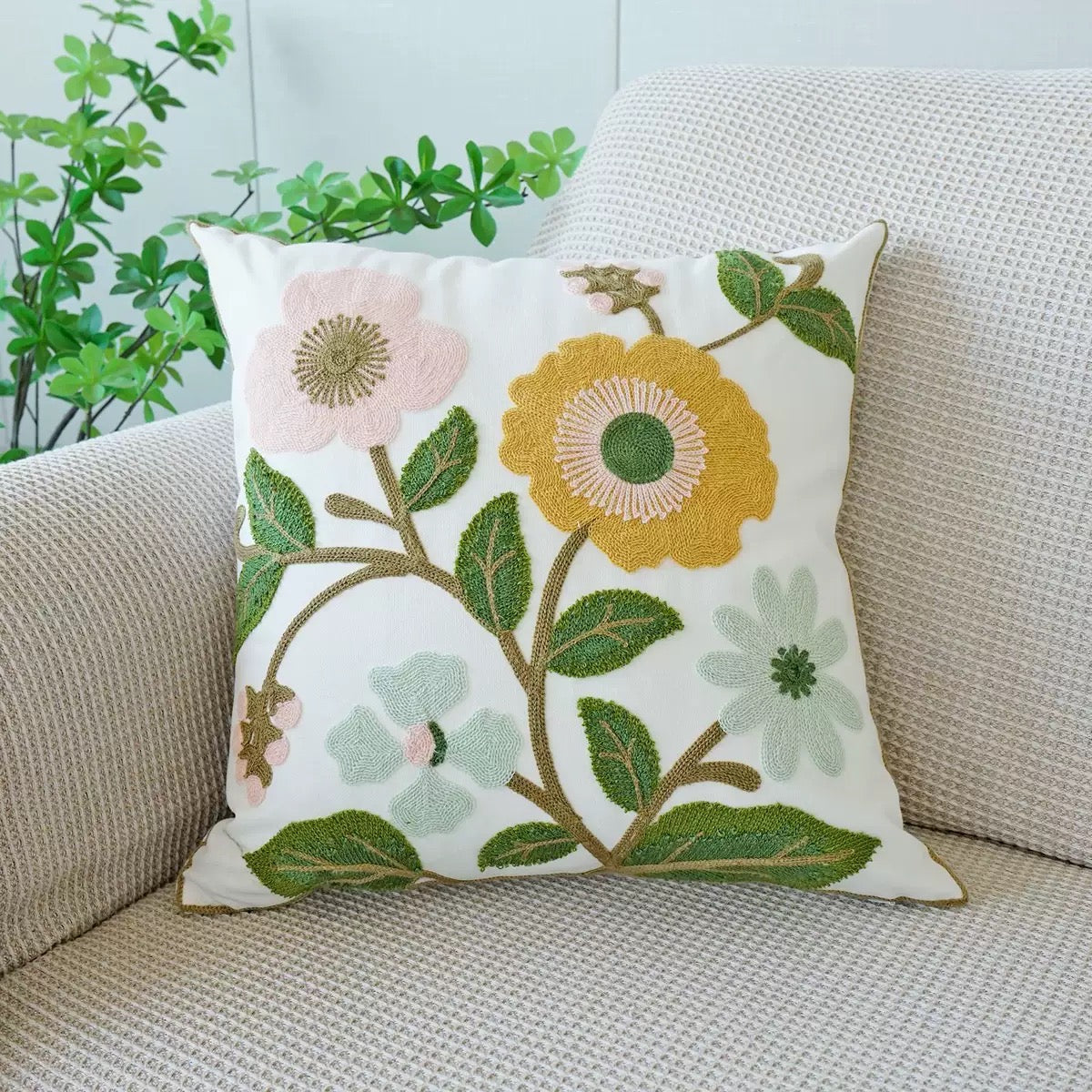 Colorful Floral Embroidered Cushion Cover – Cotton Canvas