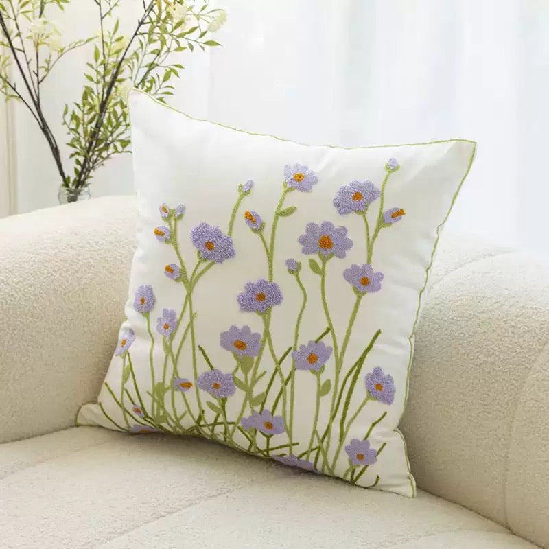 Colorful Floral Embroidered Cushion Cover – Cotton Canvas