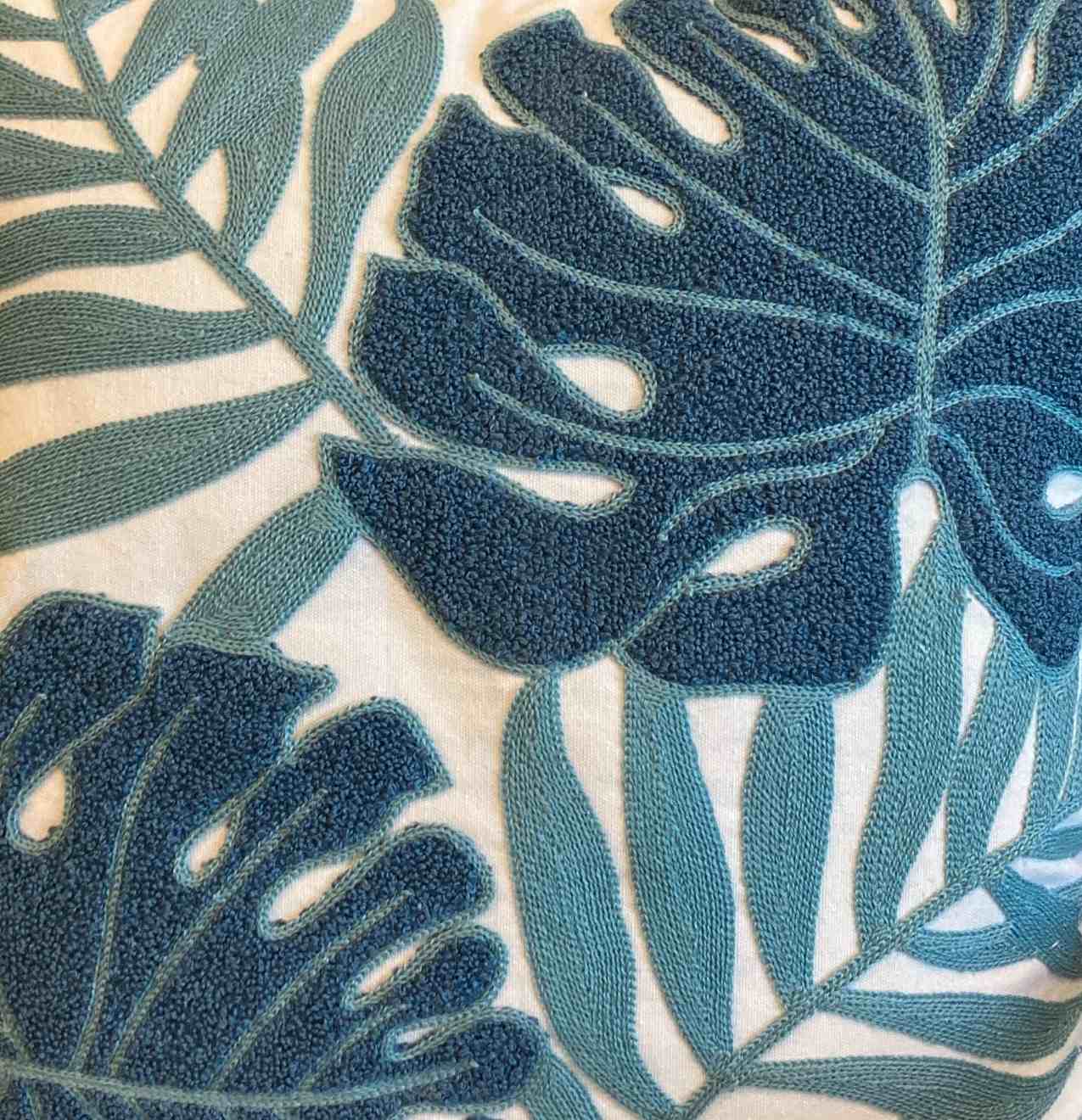 Tropical Leaf Embroidered Cushion Cover | Textured Blue Palm Throw Pillow | Modern Home Decor Accent