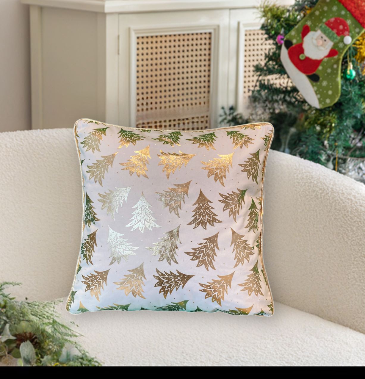 Christmas Foil-Printed Cotton Cushion with gold pipped edge