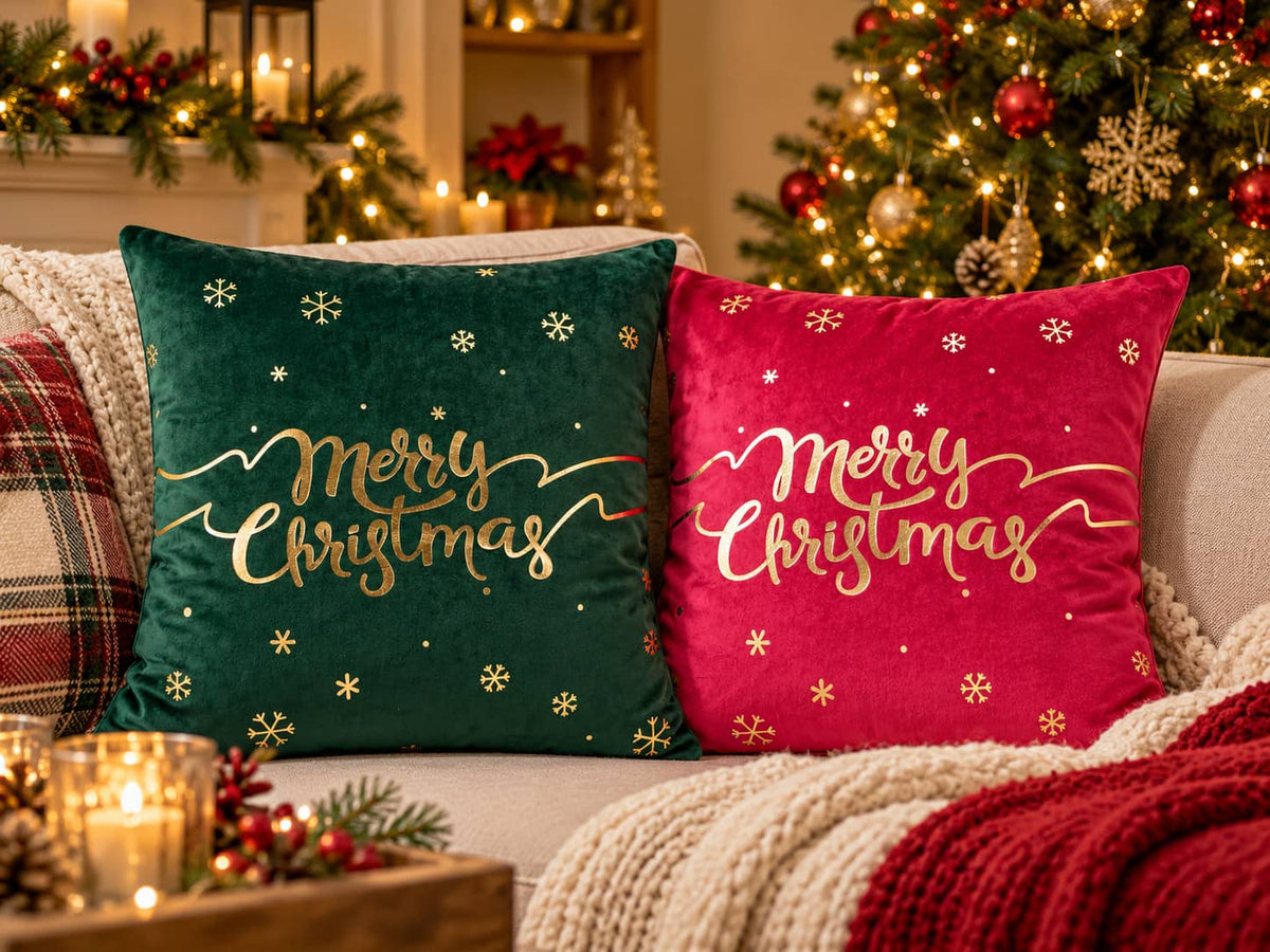 Two festive Christmas throw pillows on a couch in a decorated living room. One pillow is dark green velvet with gold 'Merry Christmas' script and gold snowflakes, and the other is bright pink velvet with the same gold script and snowflakes.