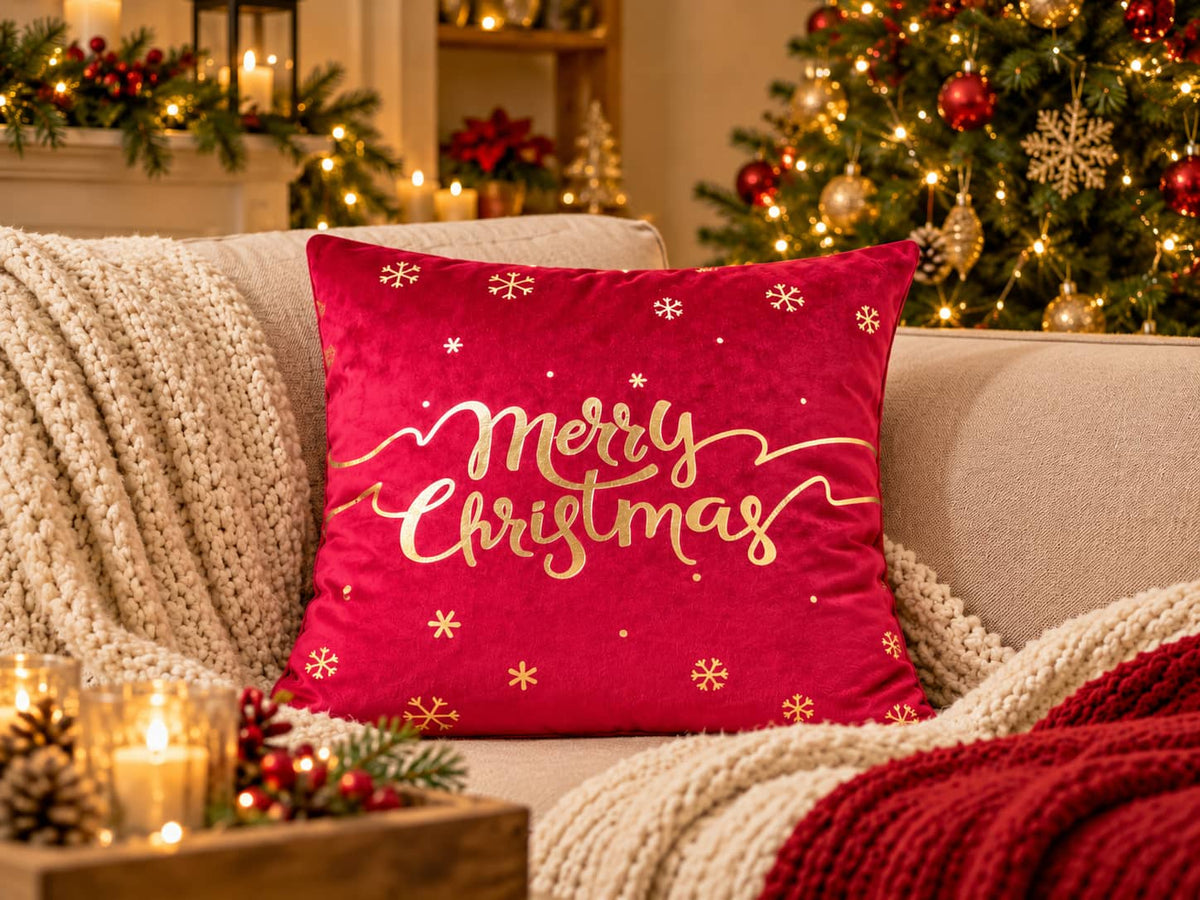 Merry Christmas Velvet Cushion Cover – Green & Red