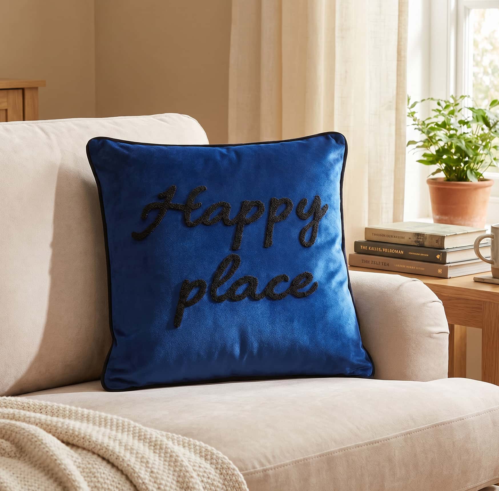 A royal blue velvet throw pillow with black embroidered text reading 'Happy place' sits on a cream-colored sofa in a cozy living room setting.