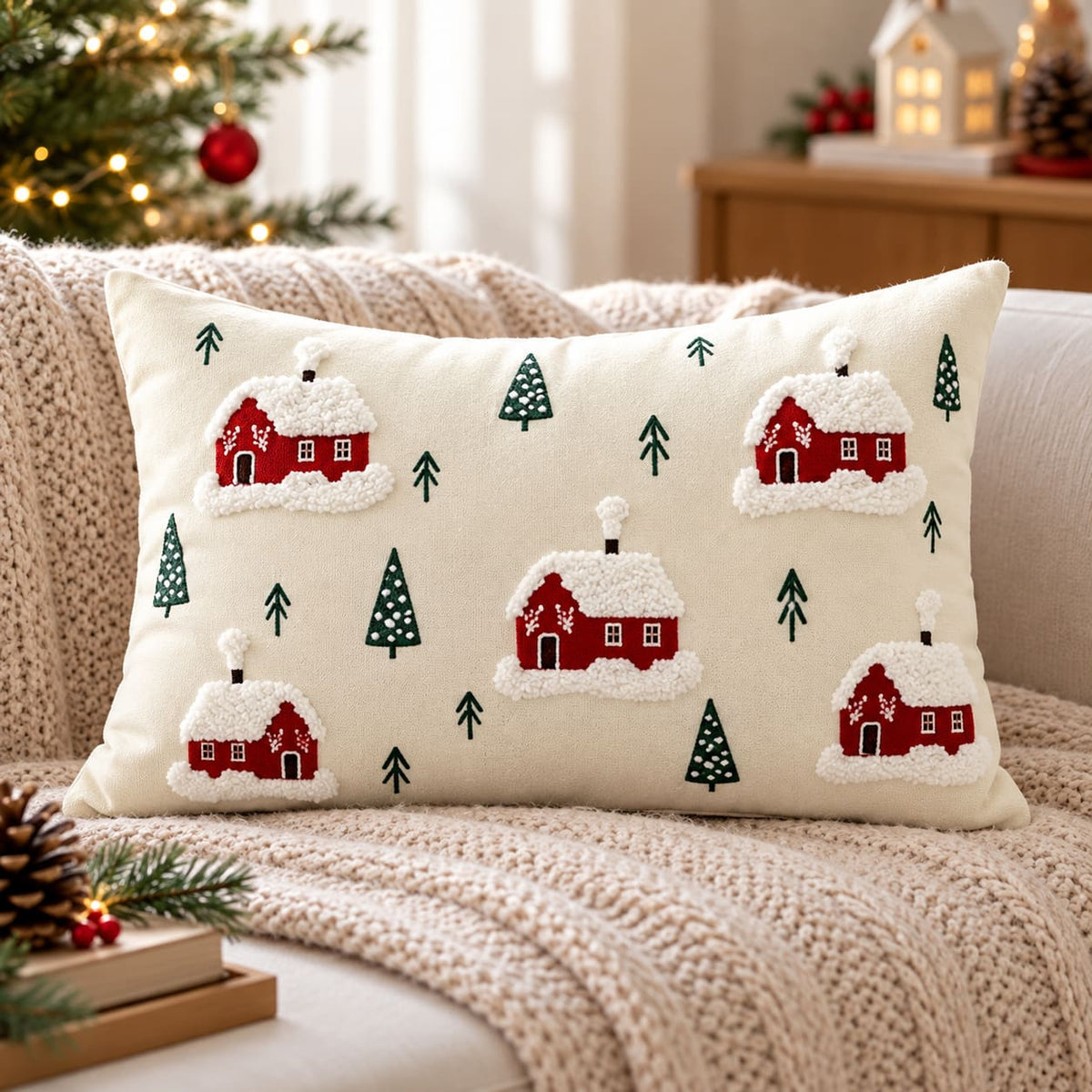 Rectangular Christmas cushion cover with snowy red cottage design on a cream background