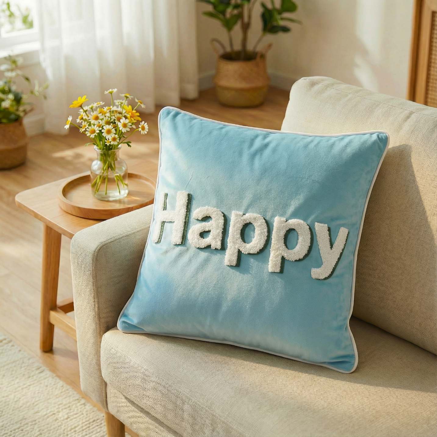 Home And Haven Velvet "happy" Embroidered Cushion Cover