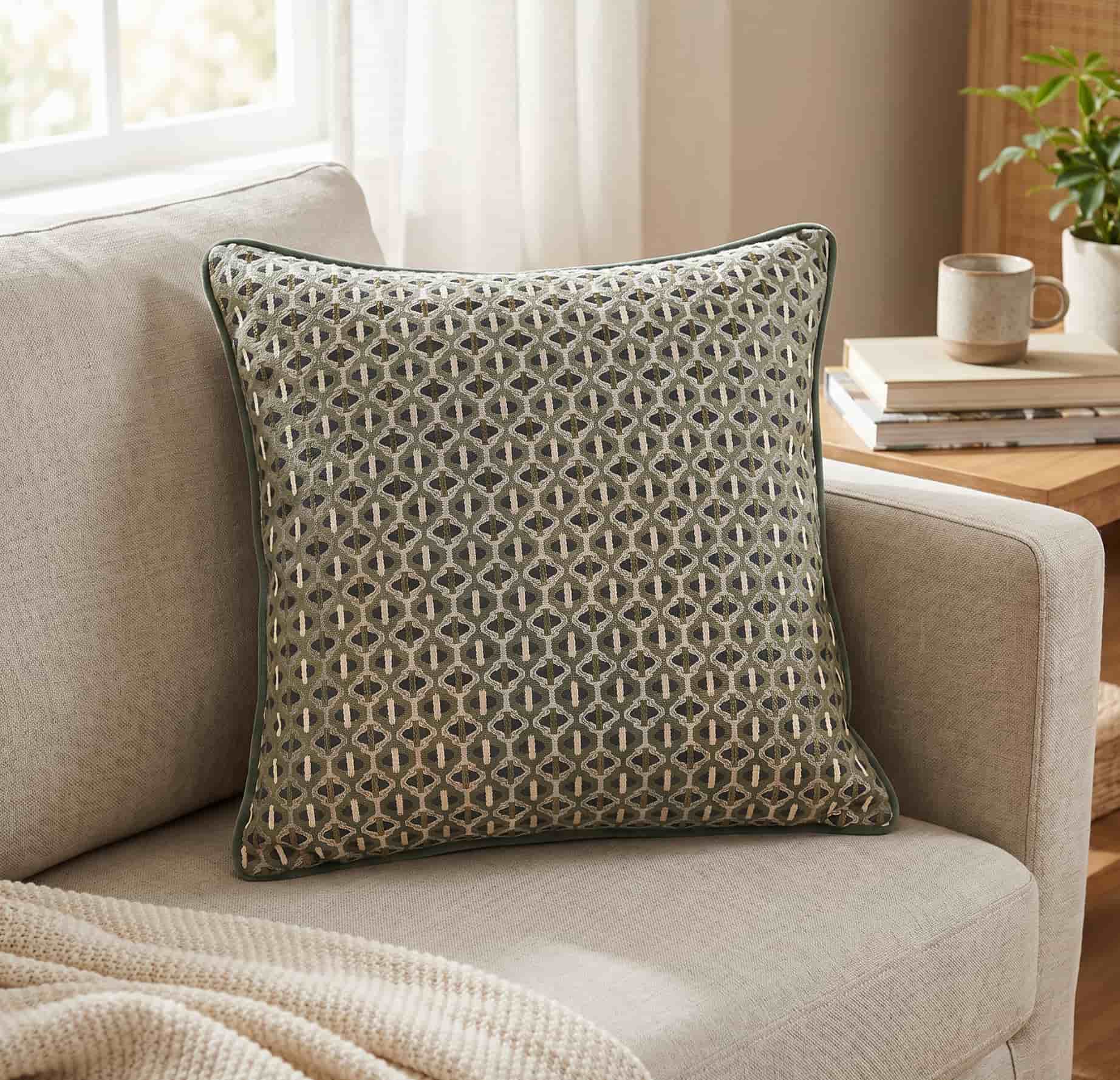 Sage green and beige geometric lattice throw pillow with gold metallic accents and dark green piped edge, resting on a light beige sofa in a bright living room setting.