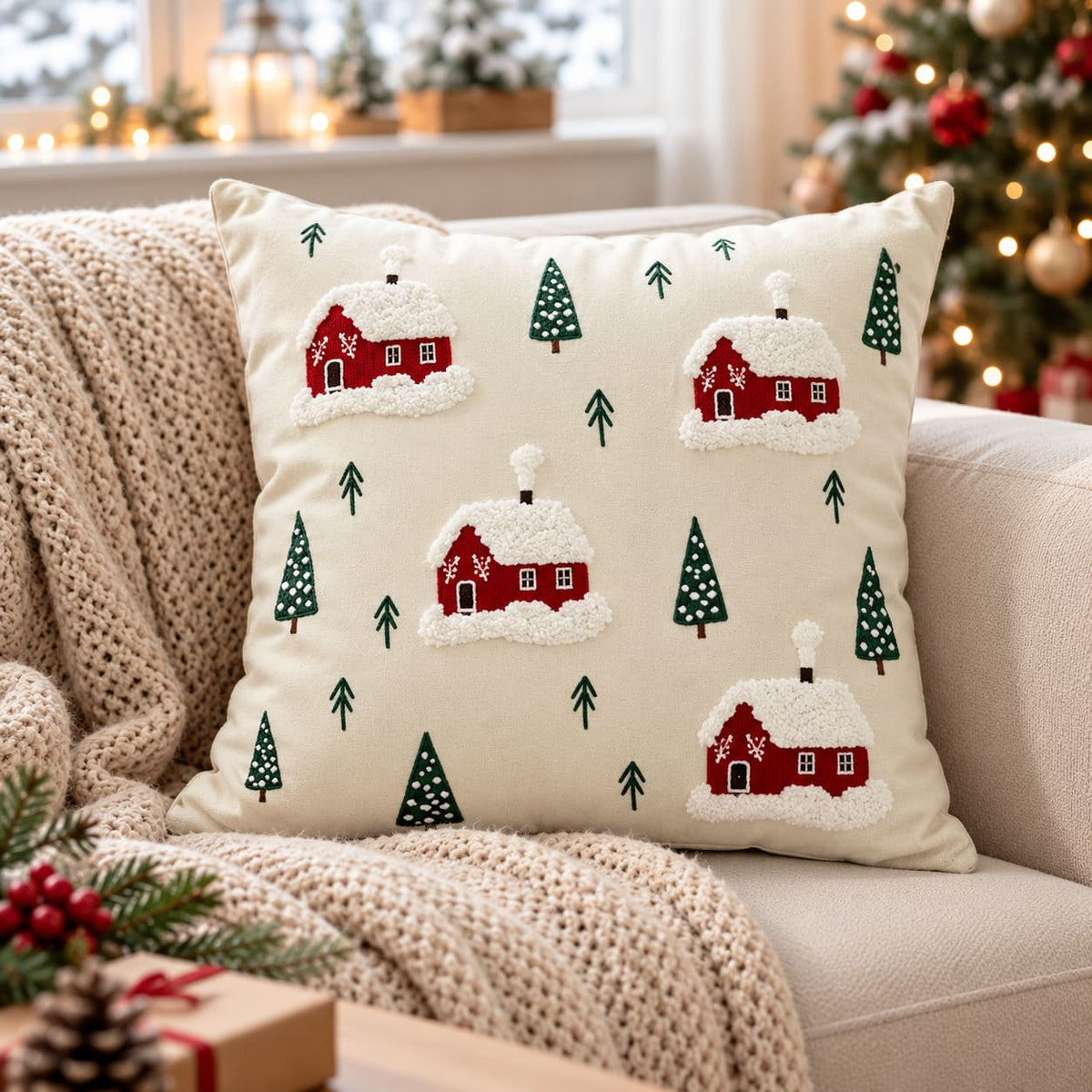 Square Christmas cushion cover with snowy red cottage design on a cream background
