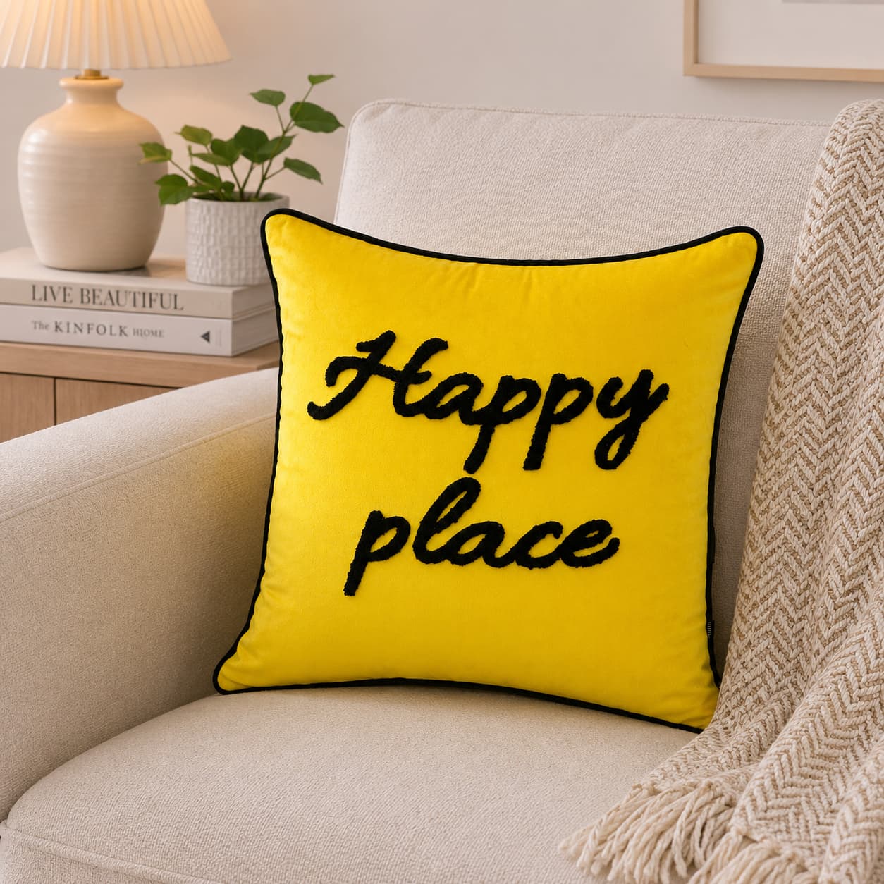 A bright yellow throw pillow with black embroidered text reading 'Happy place' sits on a beige armchair in a cozy living room setting with a lamp, books, and a throw blanket.