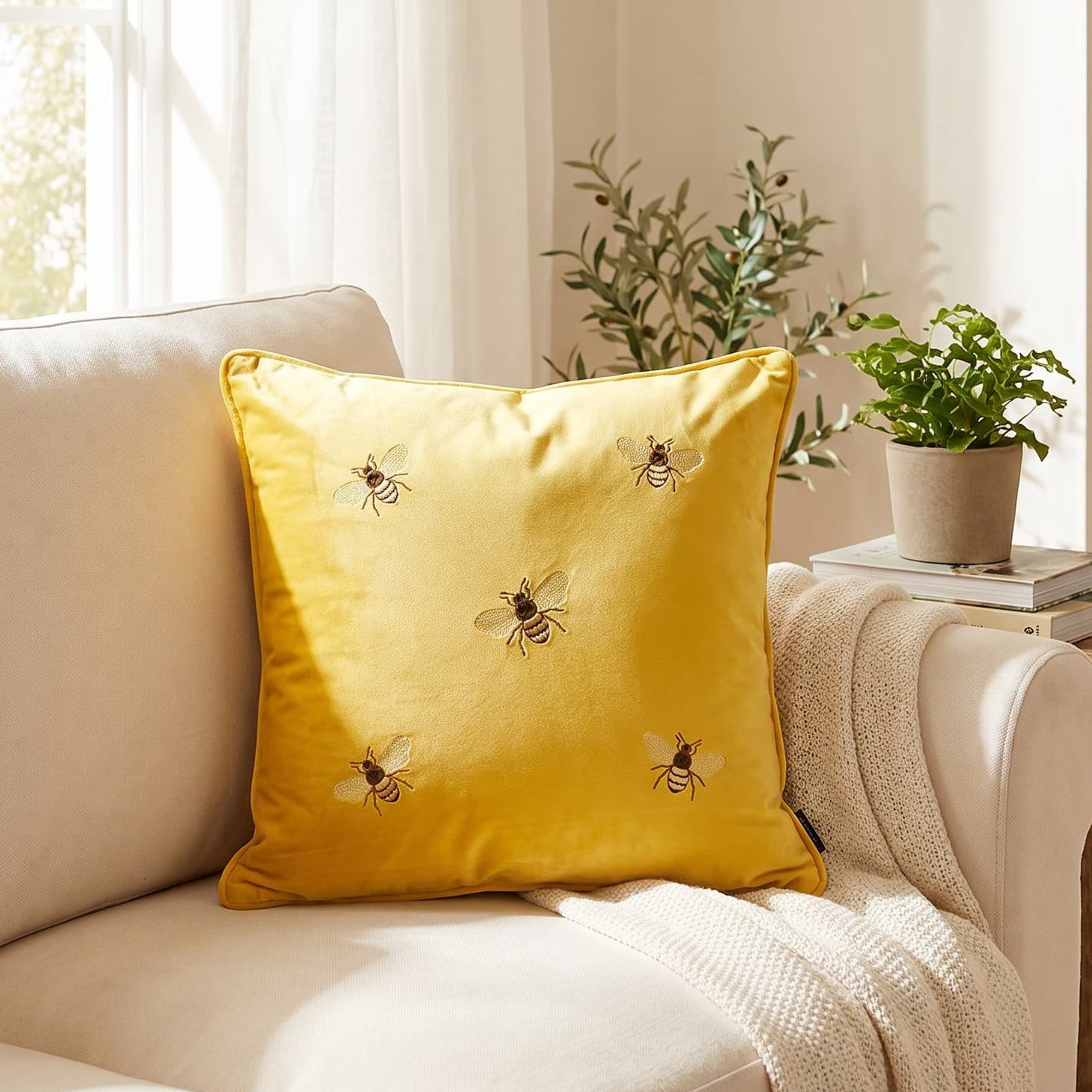 Yellow pillow with bee patterns on a beige sofa in a bright room with plants.