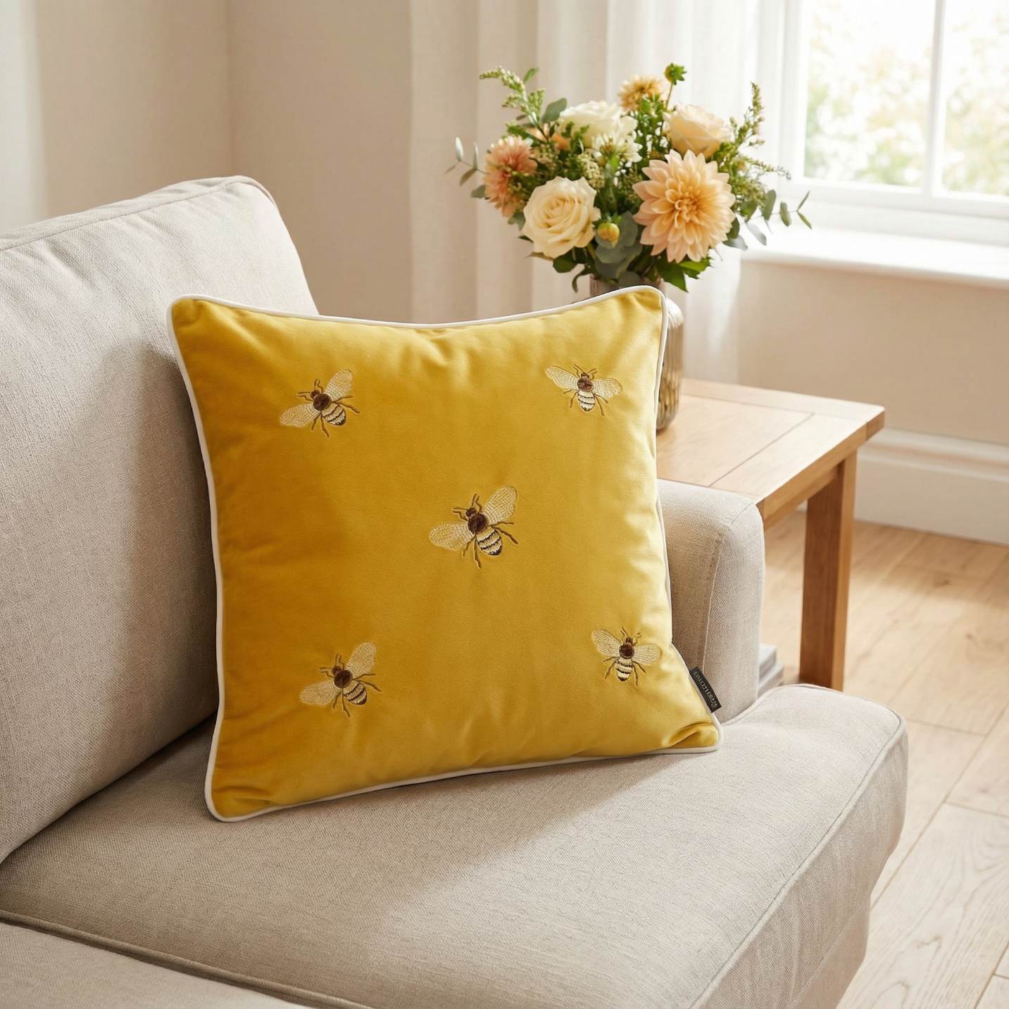 Mustard yellow velvet cushion with embroidered bee motifs