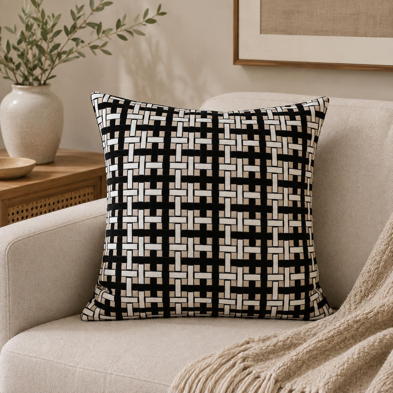 Black, beige, and white geometric woven throw pillow with a grid pattern, styled on a beige sofa with a fringed blanket and a ceramic vase.