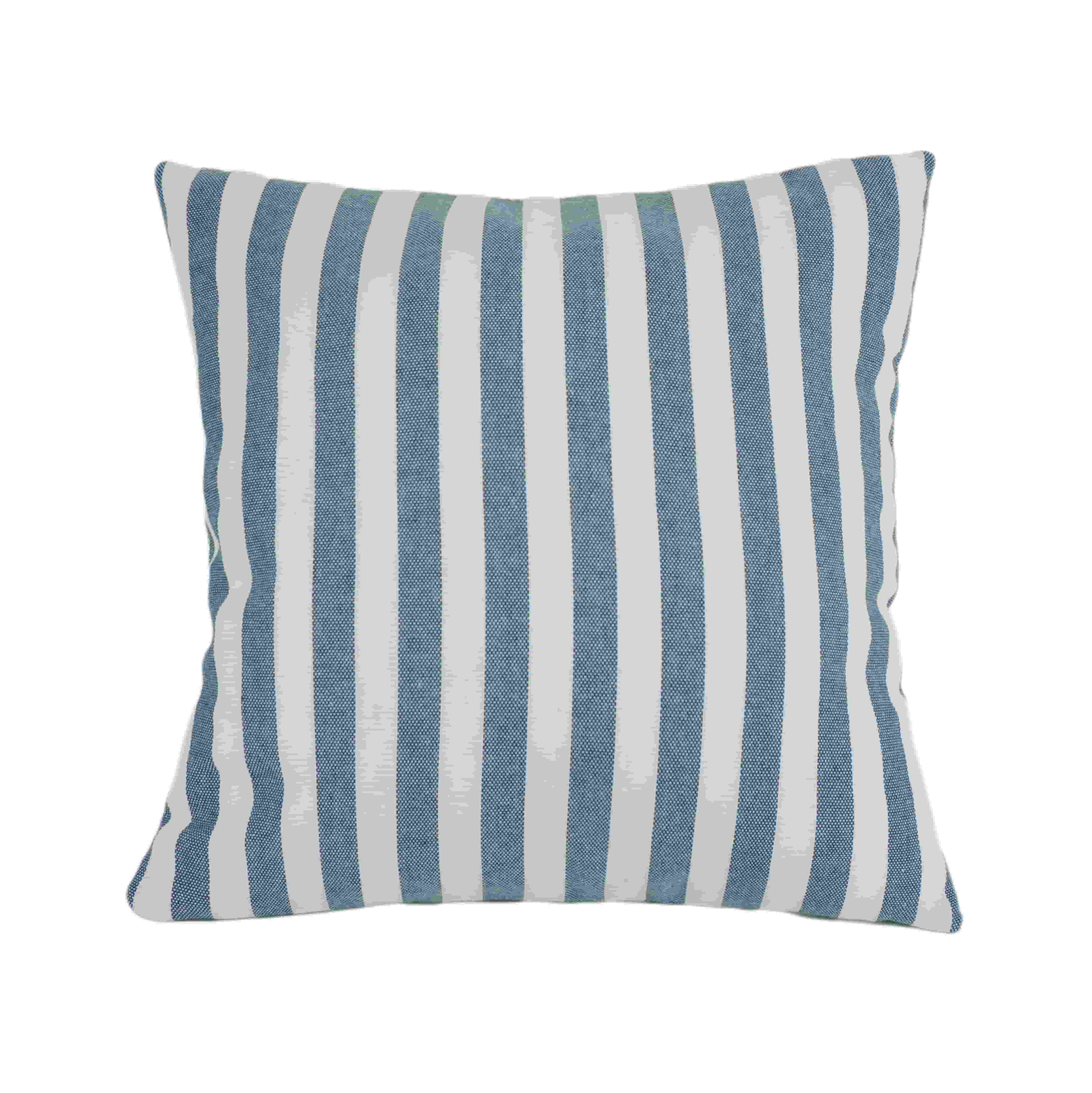Flat lay of a classic blue and white striped cushion cover on a clean white background, showcasing the durable canvas texture.