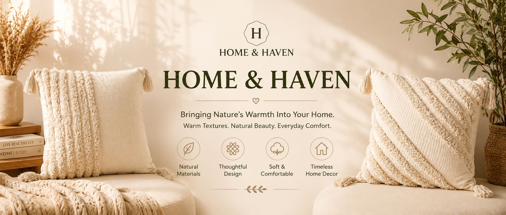 A styled home decor scene with two cream textured throw pillows on a sofa, warm sunlight, plants, and a central text panel reading 'Home & Haven' with feature icons.