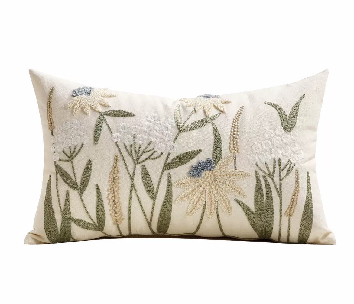 Meadow embroidered cushion cover with botanical wildflower design