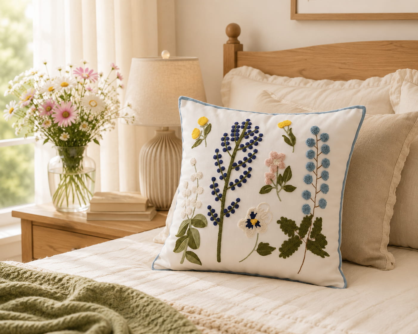 Botanical embroidered cushion cover with dark blue and light blue flower clusters, placed on a cozy white bed next to a wooden bedside table with a vase of fresh daisies.