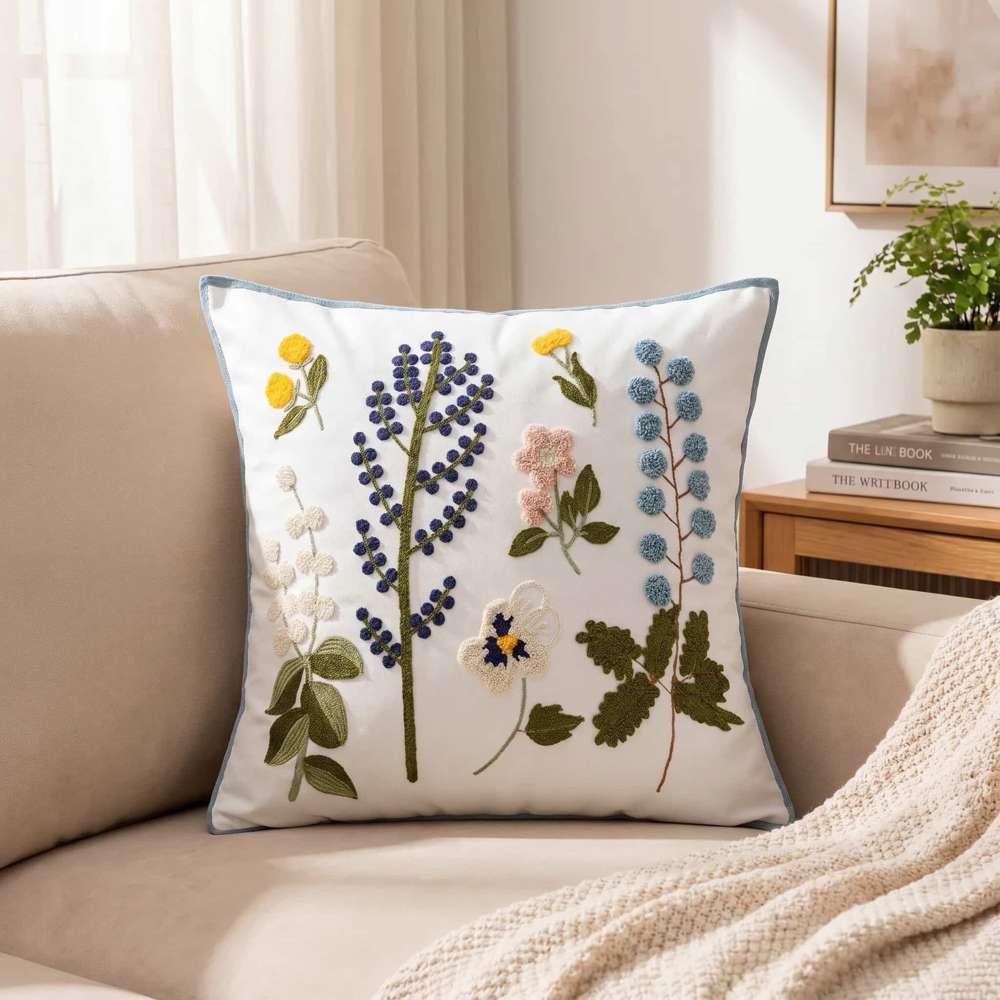 Cream throw pillow with botanical embroidered flowers in blue, yellow, white, and pink, with light blue piped edging, styled on a beige sofa in a sunny living room.