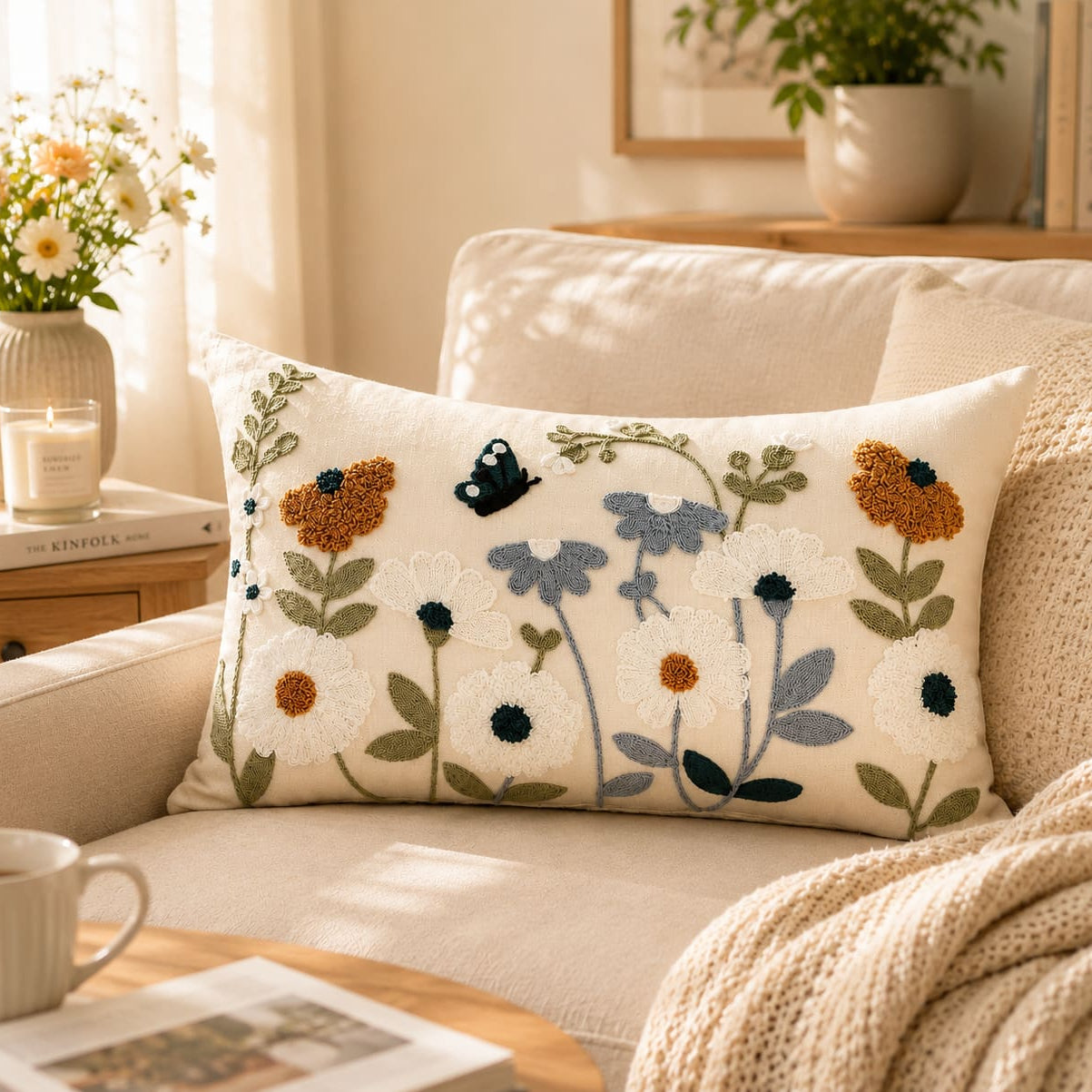 Butterfly garden embroidered cushion cover with floral design