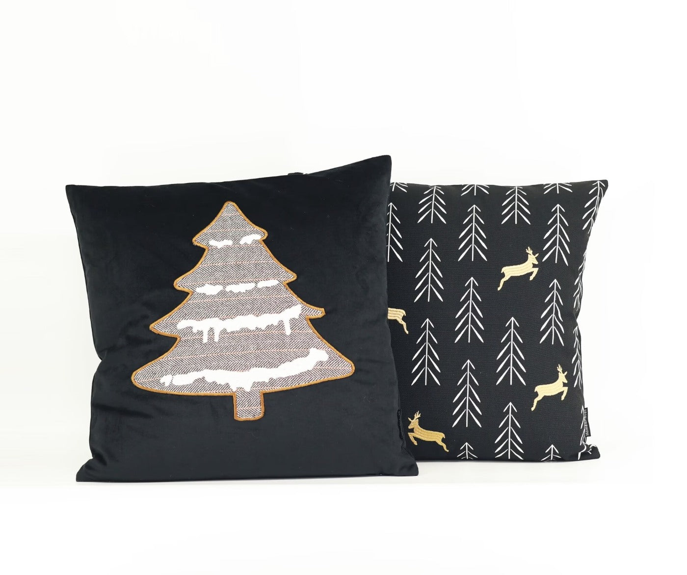 Black Christmas Trees With Deer Embroidered  and print Cushion