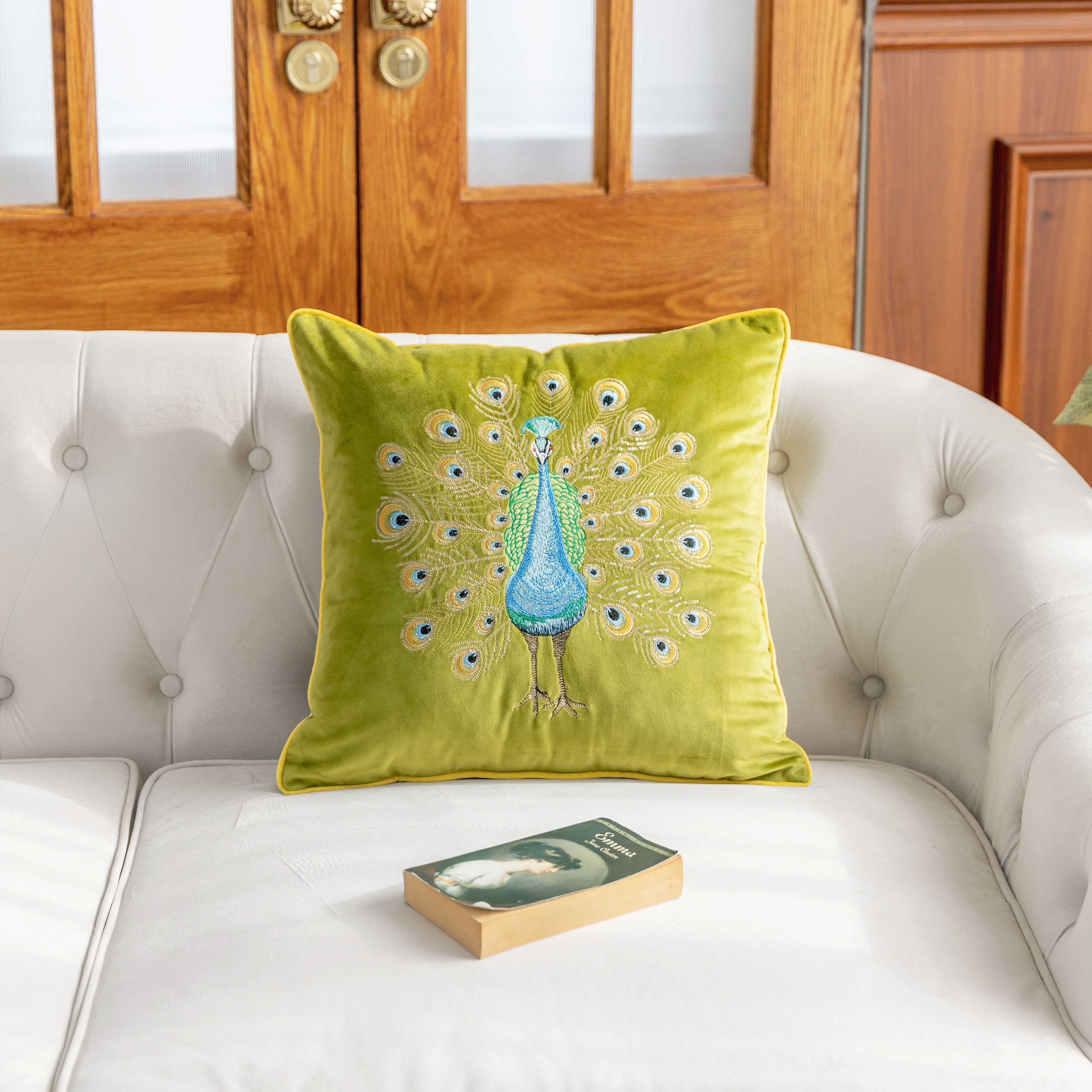 Green Embroidered Peacock Cushion Cover
